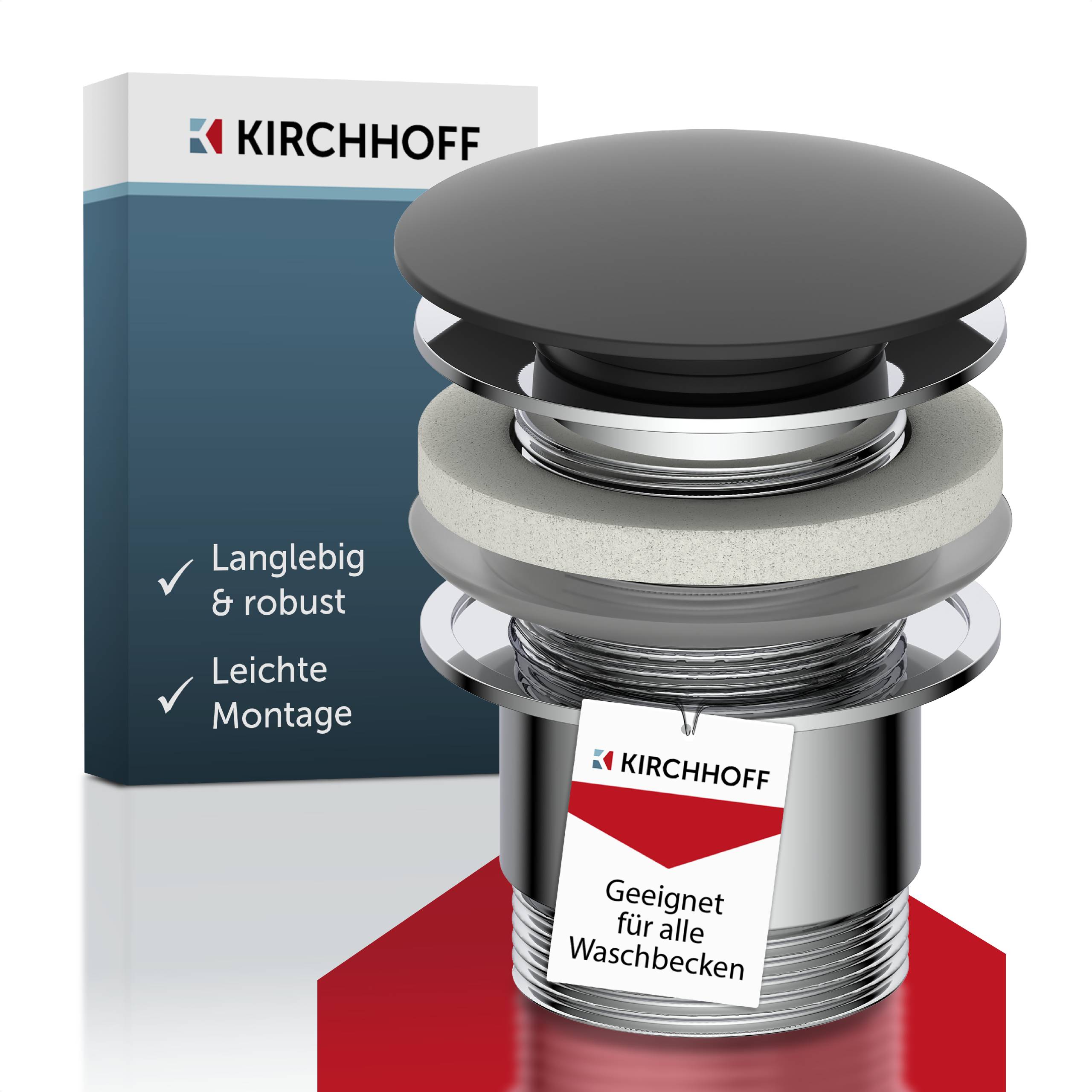 Ein Abfluss von Kirchhoff wird präsentiert, mit einer schlanken schwarzen Oberseite und silbernem Korpus. Ein Etikett trägt die Aufschrift „Geeignet für alle Waschbecken
