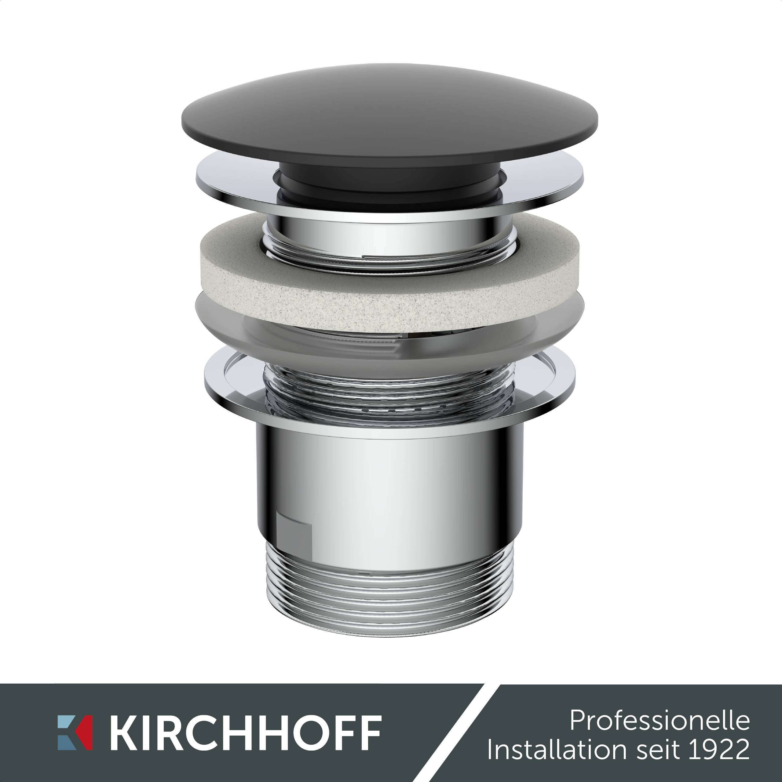 Chrom-Waschbecken-Ablaufgarnitur mit schwarzem Deckel von Kirchhoff, der seit 1922 professionelle Installationsdienste anbietet.