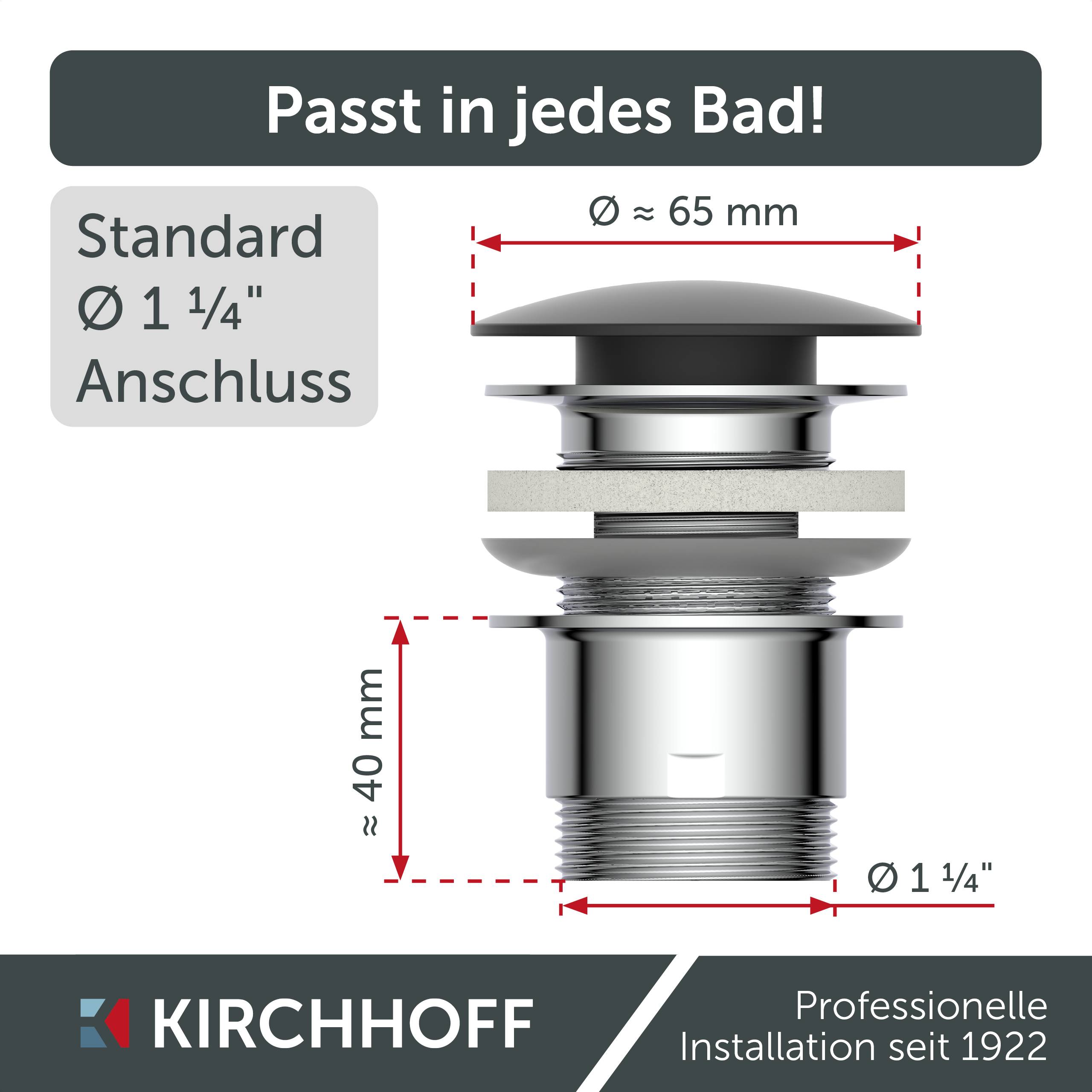 Eine Skizze eines Kirchhoff-Abflussstoppers mit Maßangaben: Durchmesser 65 mm, Höhe 40 mm, Anschlussstandard 1 1/4 Zoll. Geeignet für alle Badezimmer.