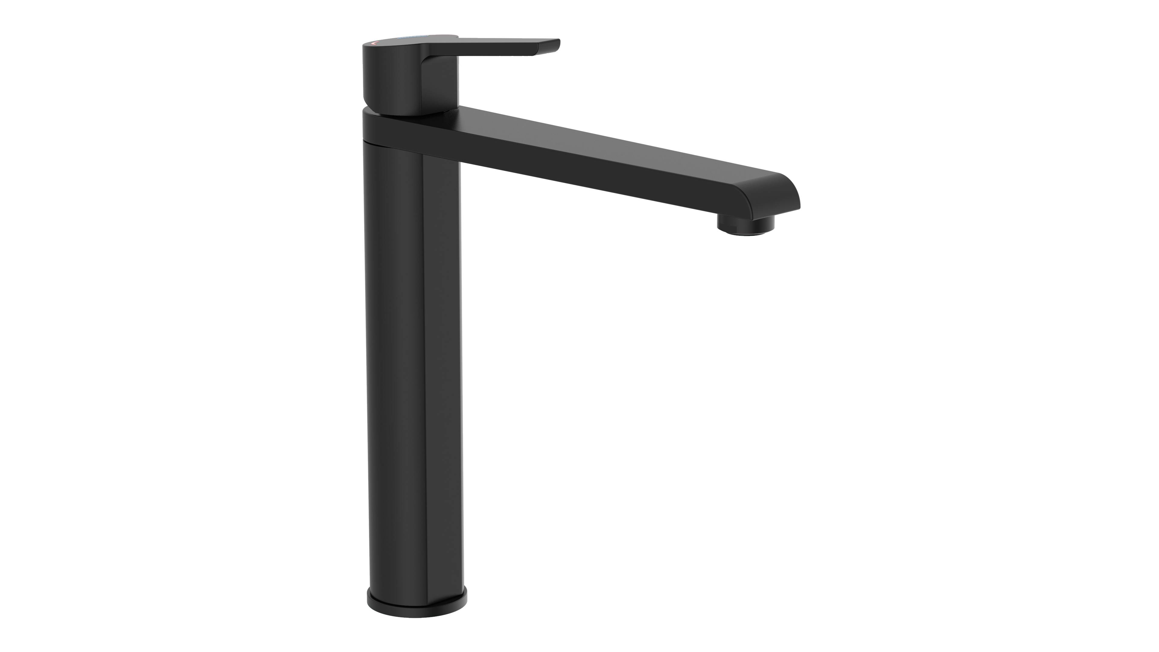 Ein schlanker schwarzer moderner Wasserhahn mit geradem Auslauf und einfachem Einhebelgriff vor einem einfachen schwarzen Hintergrund.
