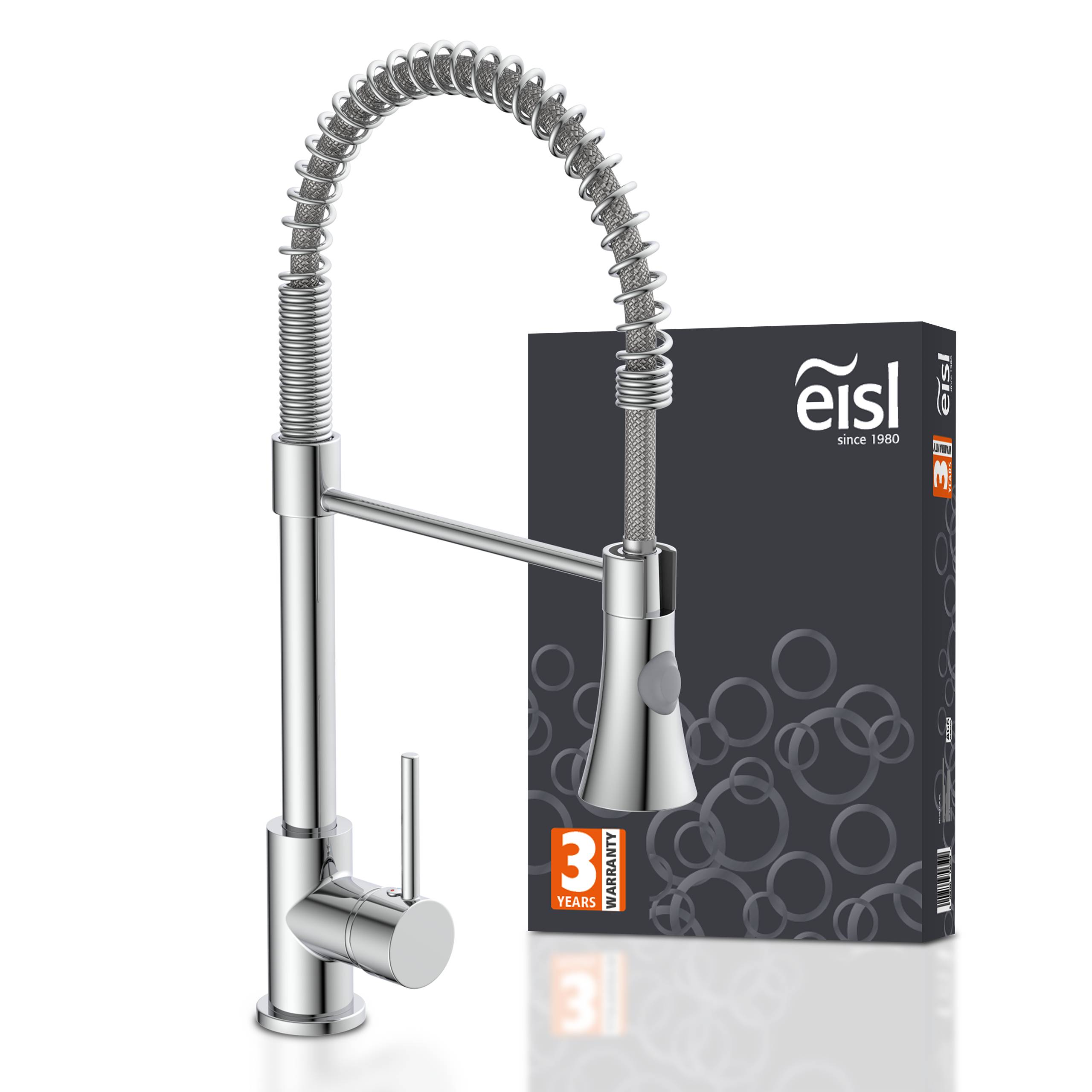 Ein moderner Küchenarmatur aus Chrom mit flexiblem Hals und Einhebelventil, neben einer Schachtel mit dem Markennamen 'Eisl', wobei eine 3-jährige Garantie hervorgehoben wird.
