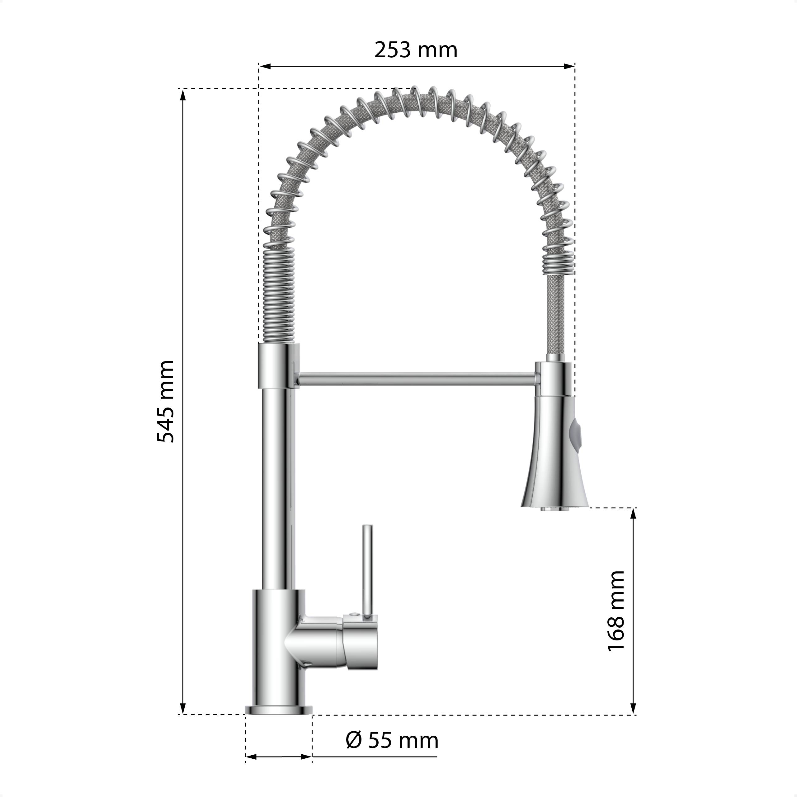 Diagramm eines hohen Küchenarmatur mit flexiblem Hals. Angegebene Abmessungen: Höhe 545 mm, Reichweite 253 mm, Griffhöhe 168 mm, Basisdurchmesser 55 mm.