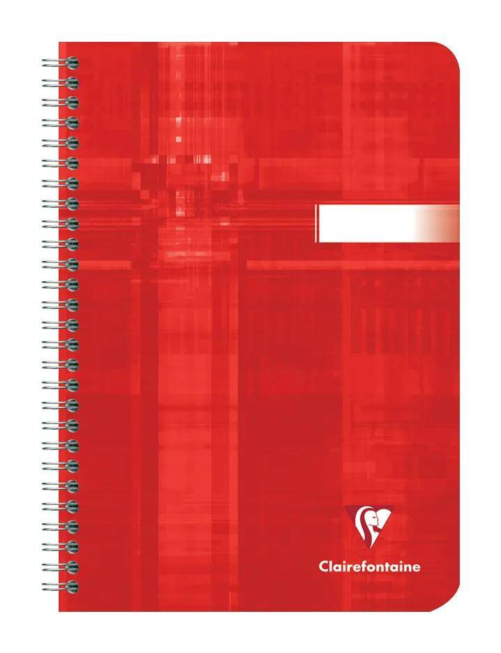 Rotes spiralgebundenes Clairefontaine-Notizbuch mit einem leeren weißen Etikett auf dem Umschlag.