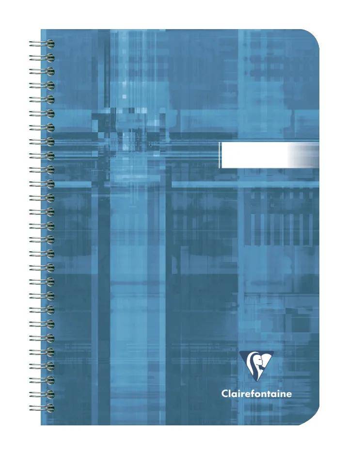 Blauer spiralgebundener Notizbucheinband mit abstraktem geometrischem Muster, weißer Etikettierbereich und Clairefontaine-Logo unten rechts.