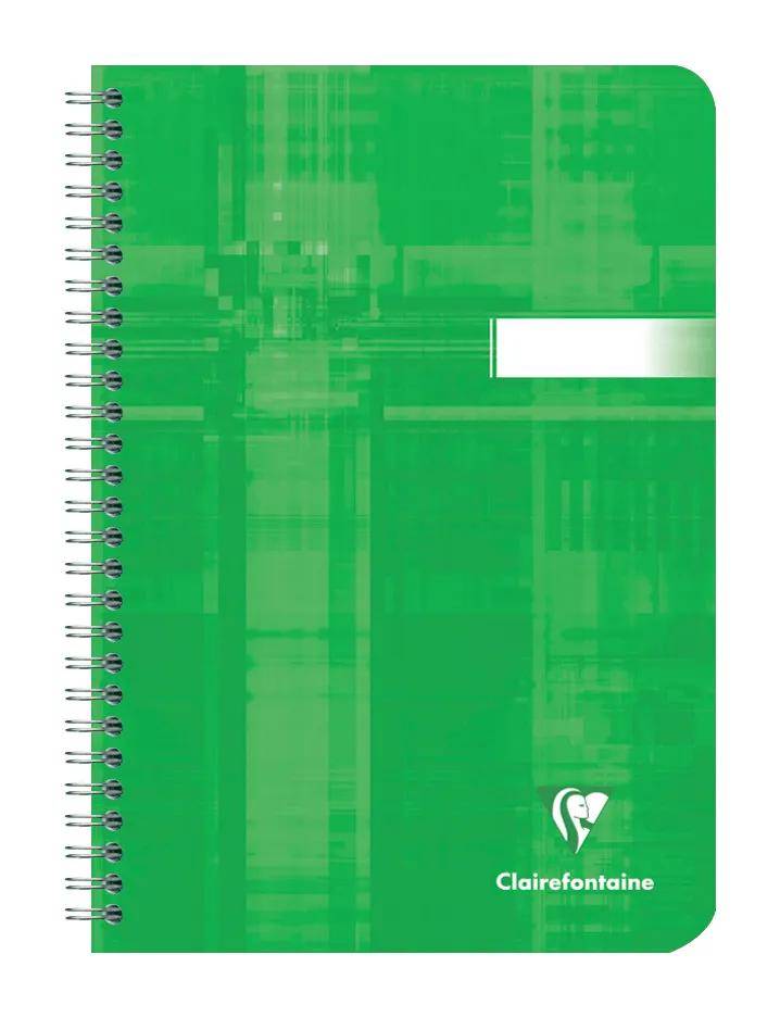 Grünes spiralgebundenes Notizbuch mit einem weißen Etikettenbereich und Clairefontaine-Logo auf dem Umschlag.