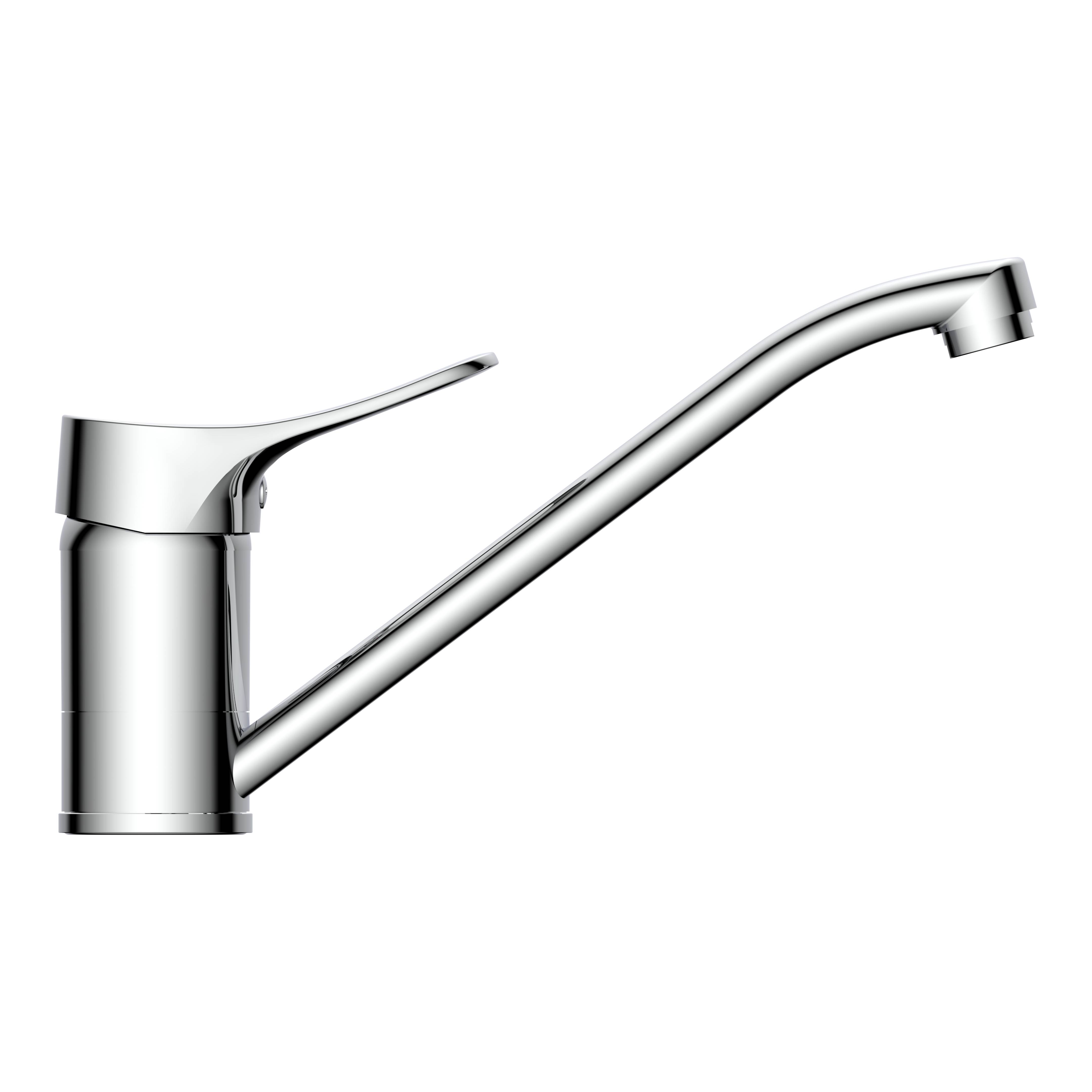 Ein eleganter, verchromter Küchenarmatur mit einfachem Hebel und langem, geschwungenem Auslauf, vor schwarzem Hintergrund dargestellt.