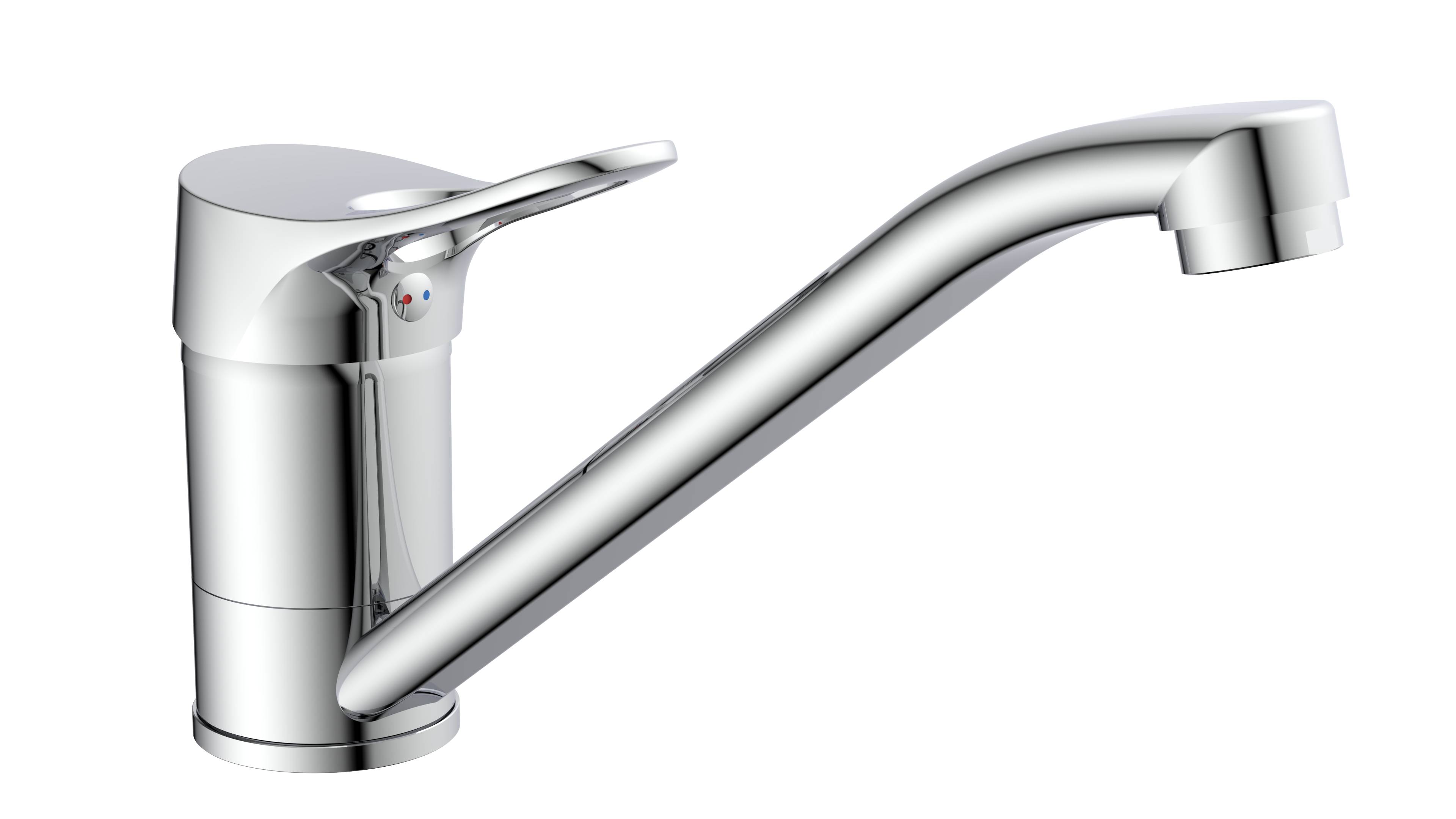 Ein glänzender verchromter Einhebel-Wasserhahn mit modernem, schlankem Design wird vor schwarzem Hintergrund gezeigt.