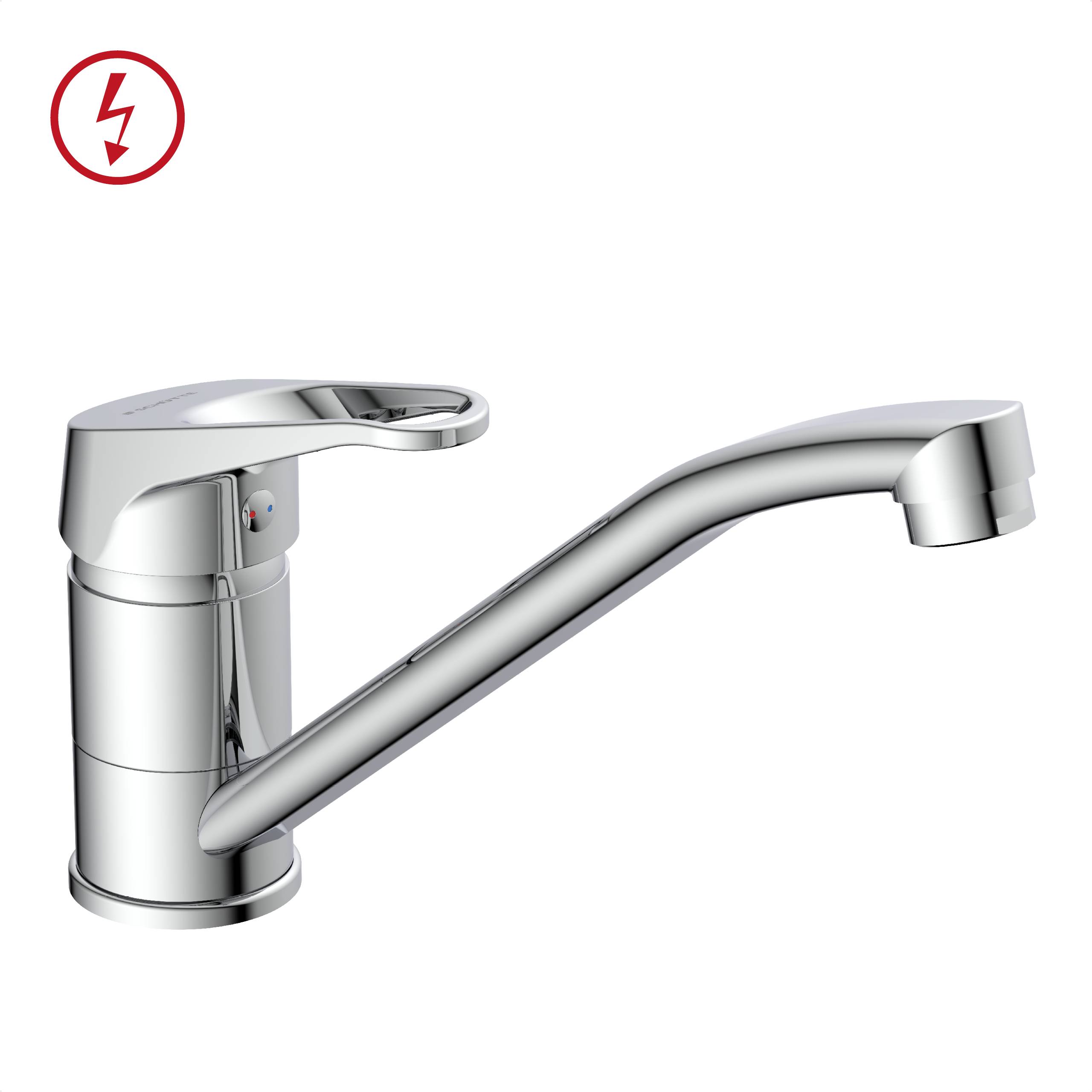 Ein moderner silberner Küchenarmatur mit langem Auslauf, mit einem einhebel-Griff ausgestattet.