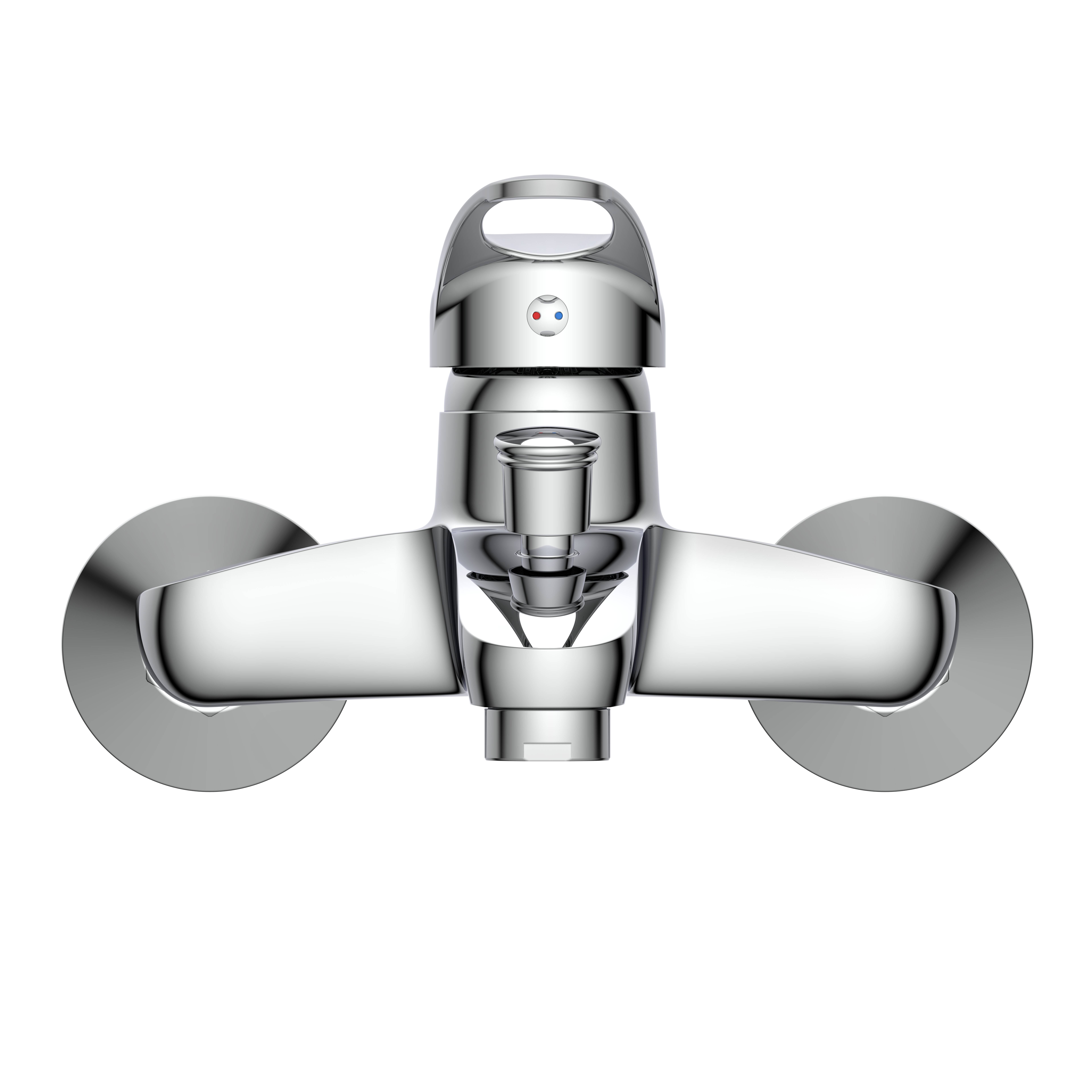 Nahaufnahme eines modernen verchromten Badezimmerhahns mit zwei Griffen vor schwarzem Hintergrund, zeigt schlankes Design und Symmetrie.