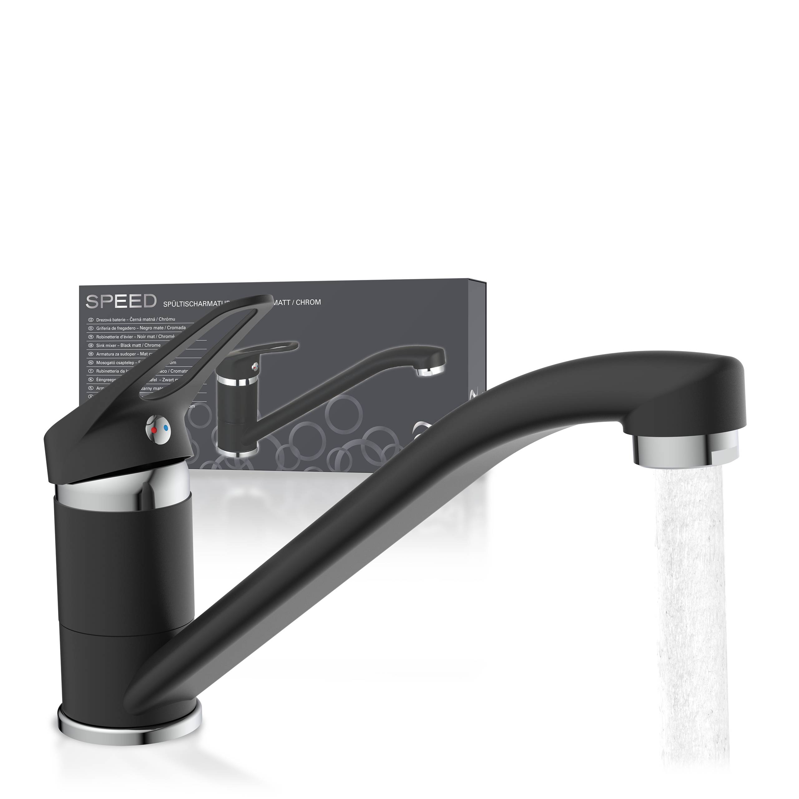 Ein moderner schwarzer Wasserhahn mit fließendem Wasser, dargestellt mit Verpackung im Hintergrund, das Produktdesign und die Funktionen präsentierend.