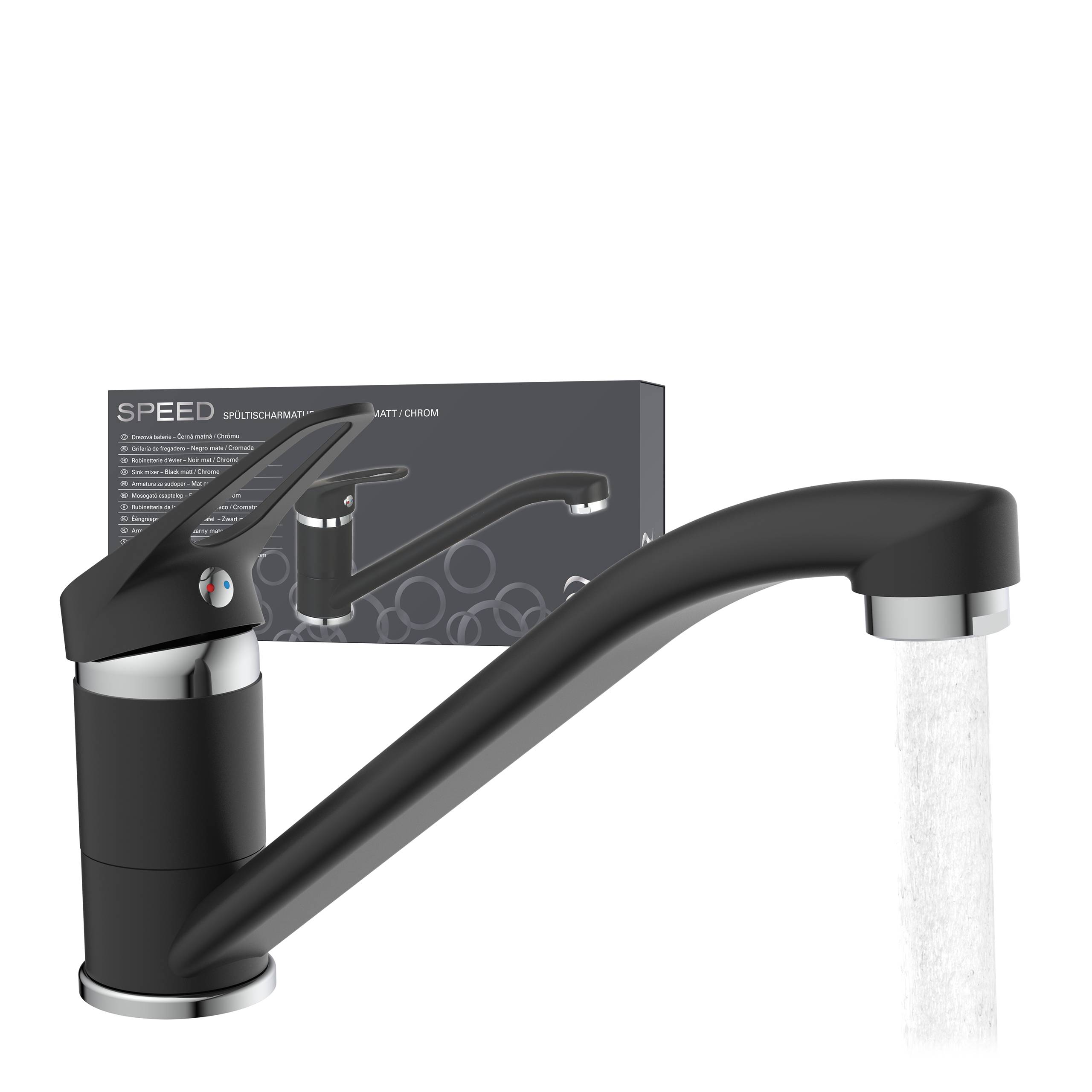 Ein moderner schwarzer Küchenarmatur mit langem Auslauf und Hebelbedienung. Wasser fließt aus dem Wasserhahn. Im Hintergrund ist die Verpackung des Armaturs zu sehen.