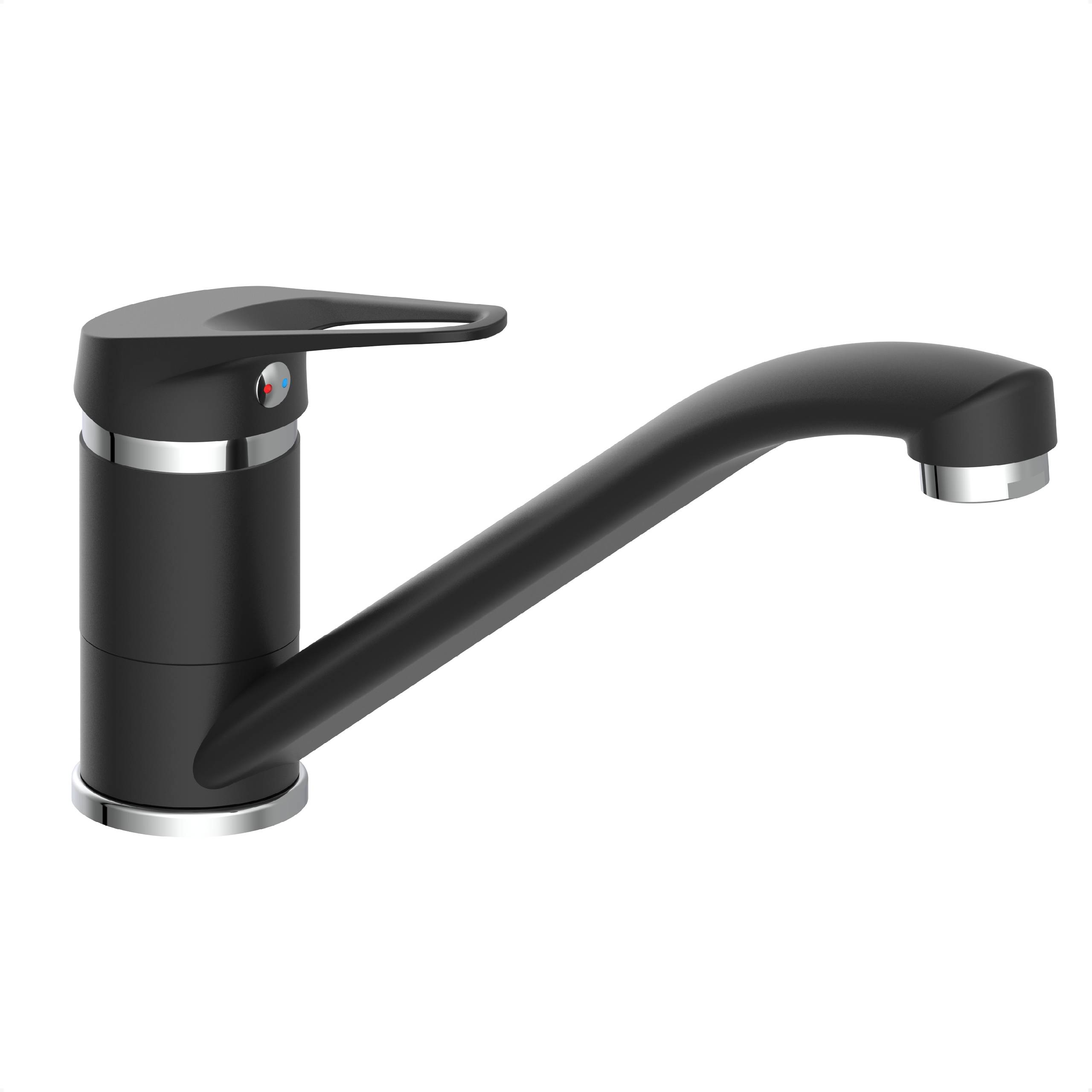 Ein moderner schwarzer Küchenhahn mit einem Einhebelgriff, der ein schlankes und minimalistisches Design aufweist und sich perfekt für zeitgenössische Küchen eignet.