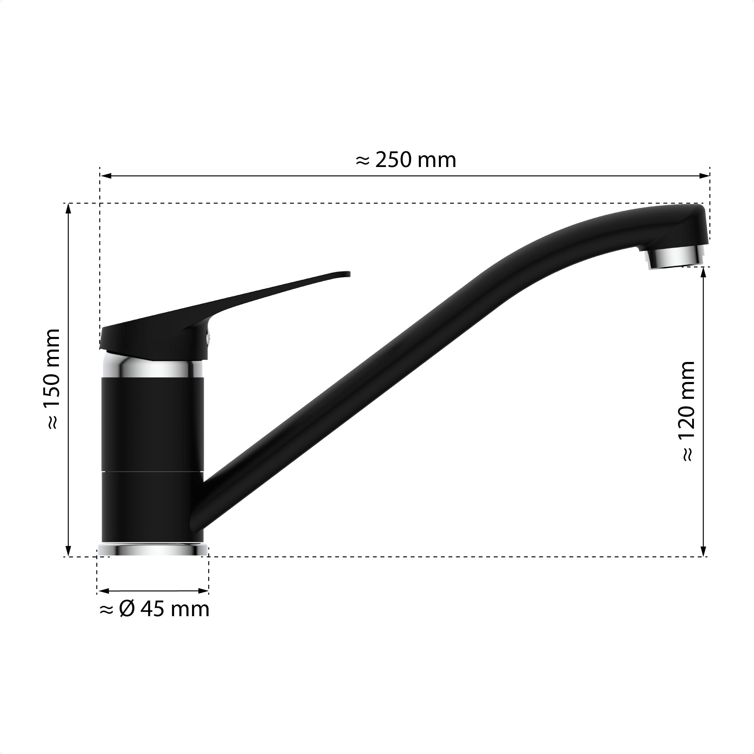 Schwarze Küchenarmatur mit Einhandmischer, 250 mm Länge, 150 mm Gesamthöhe, 120 mm Auslaufhöhe und 45 mm Basisdurchmesser.