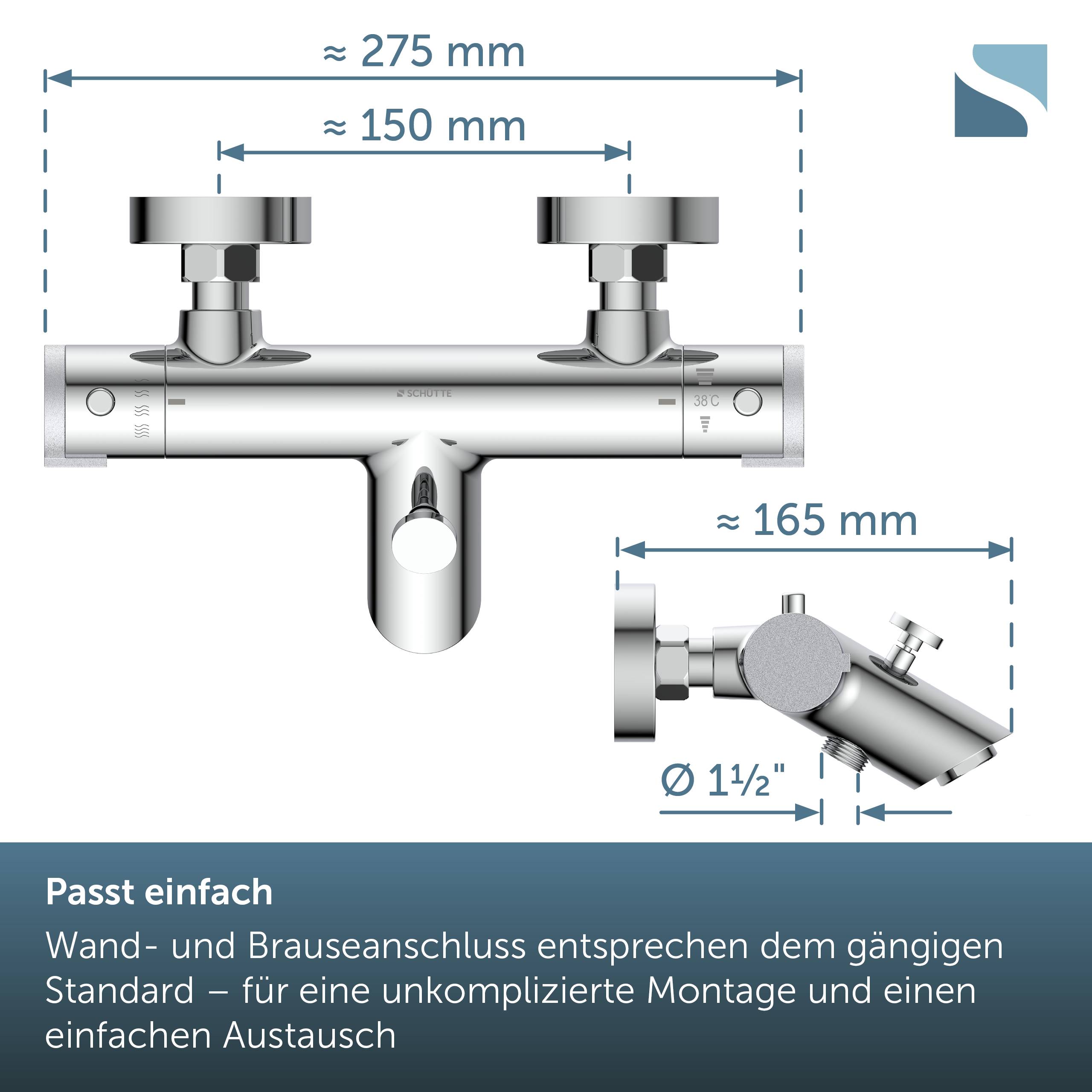 Diagramm eines thermosta­tischen Wasserhahns mit Maßangaben: etwa 275 mm Breite, 150 mm Ventilabstand und 165 mm Tiefe. Der deutsche Text besagt, dass Wand- und Bodenverbindungen Standardgrößen entsprechen und eine einfache Installation und Austausch ermöglichen.
