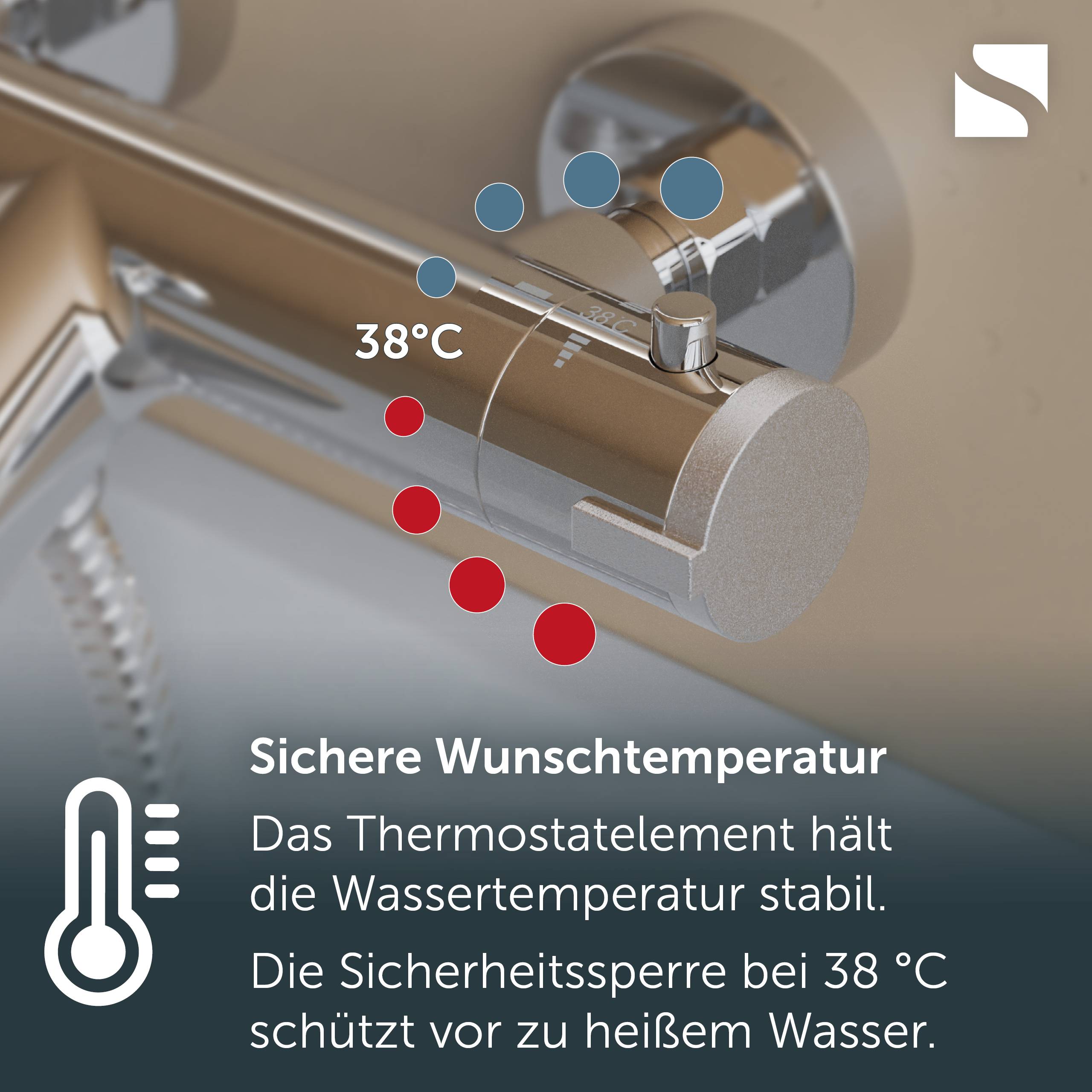 Thermostatische Duschregelanlage auf 38°C eingestellt mit dem Text „Sichere Wunschtemperatur", die einen Sicherheitsstopp zeigt, der das Wasser stabil hält und Verbrühungen verhindert.
