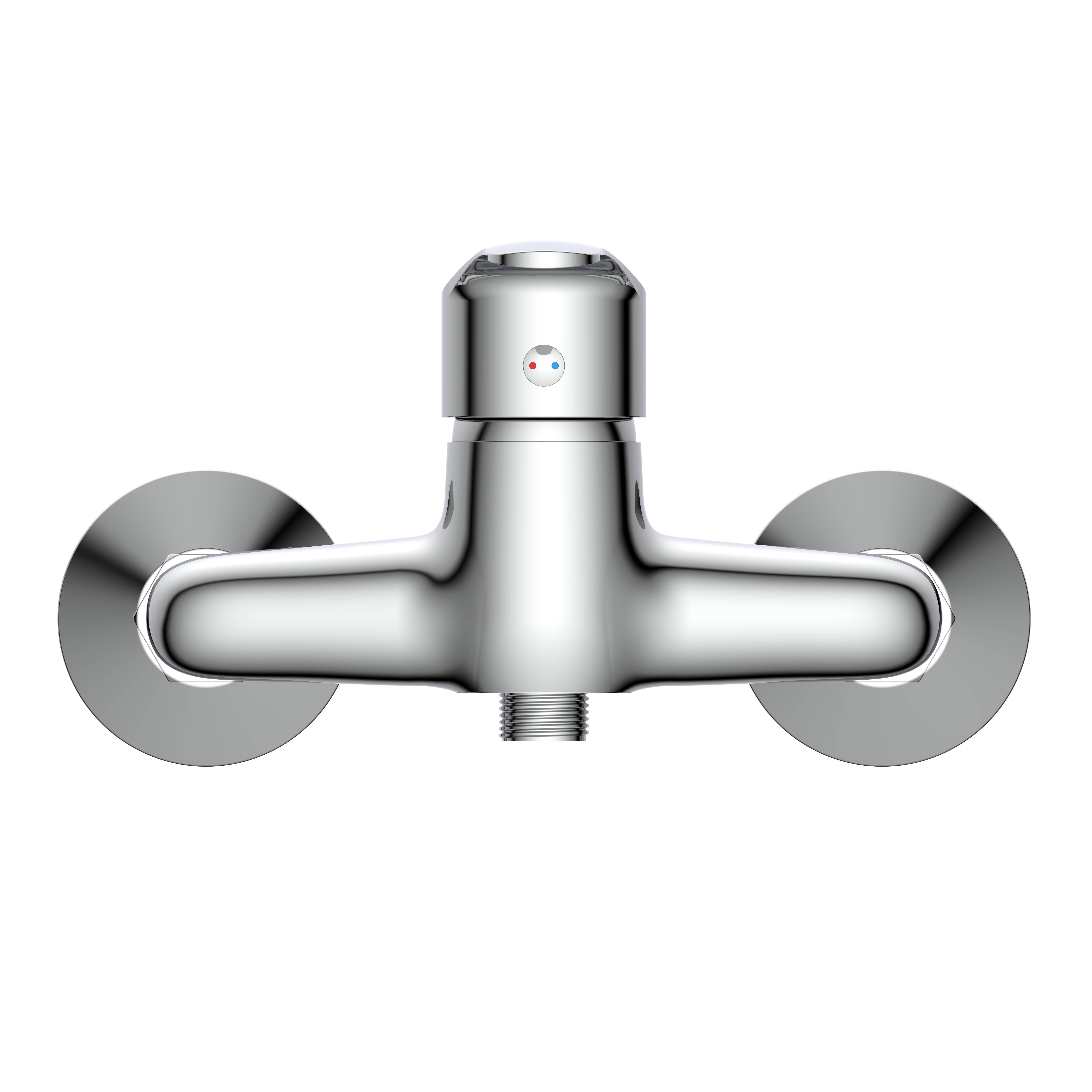 Ein an der Wand montierter Chromwasserhahn mit zylindrischer Basis vor schwarzem Hintergrund, mit roten und blauen Indikatoren für heißes und kaltes Wasser.