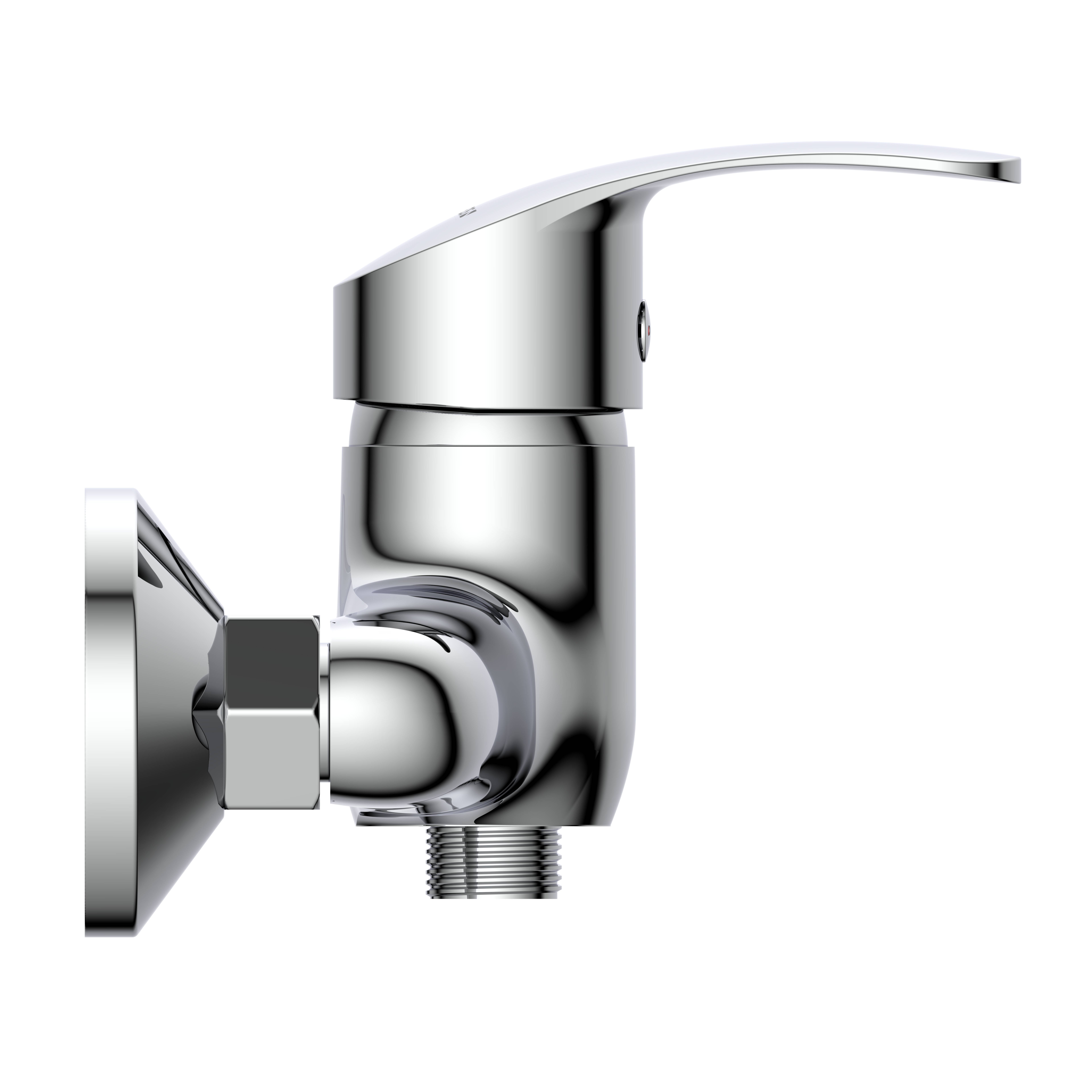 Chrome-Wandwasserhahn mit Hebelbedienung, in Seitenansicht vor schwarzem Hintergrund dargestellt.