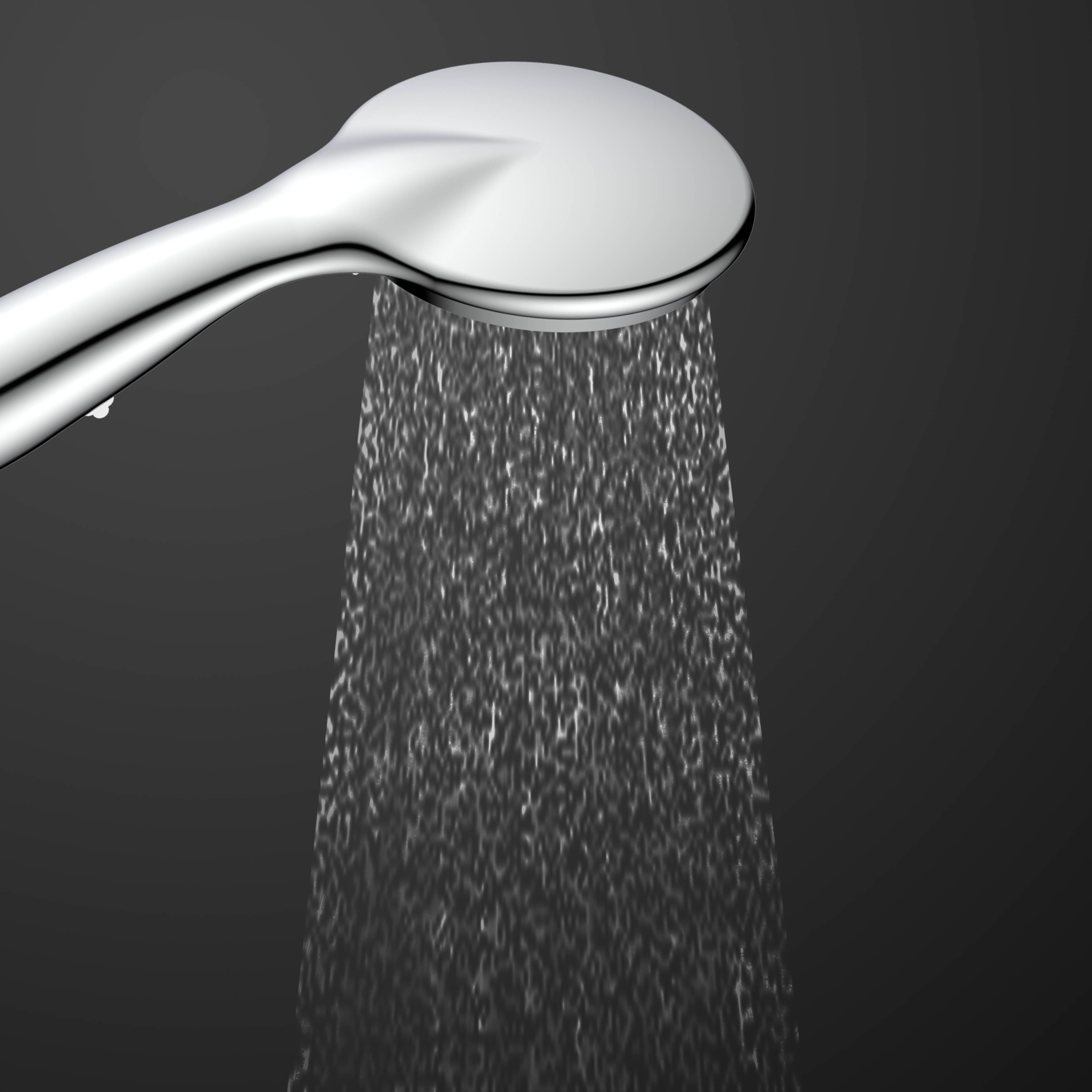 Ein silberner Duschkopf mit Wasser, das gegen einen dunklen Hintergrund nach unten fließt.