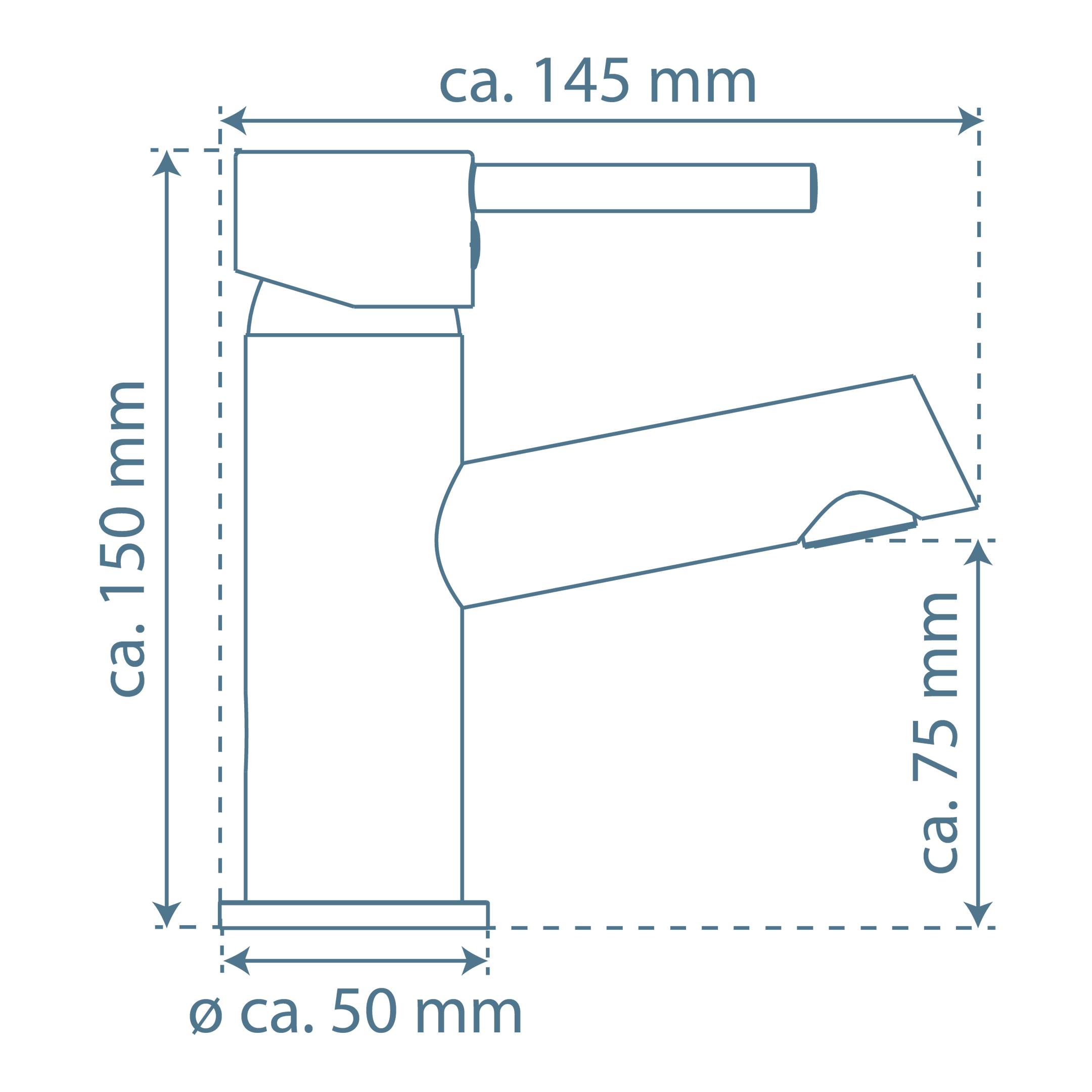 Strichzeichnung eines Wasserhahns mit Abmessungen: Höhe ca. 150 mm, Auslaufreichweite ca. 145 mm, Auslaufhöhe ca. 75 mm, Basisdurchmesser ø ca. 50 mm.