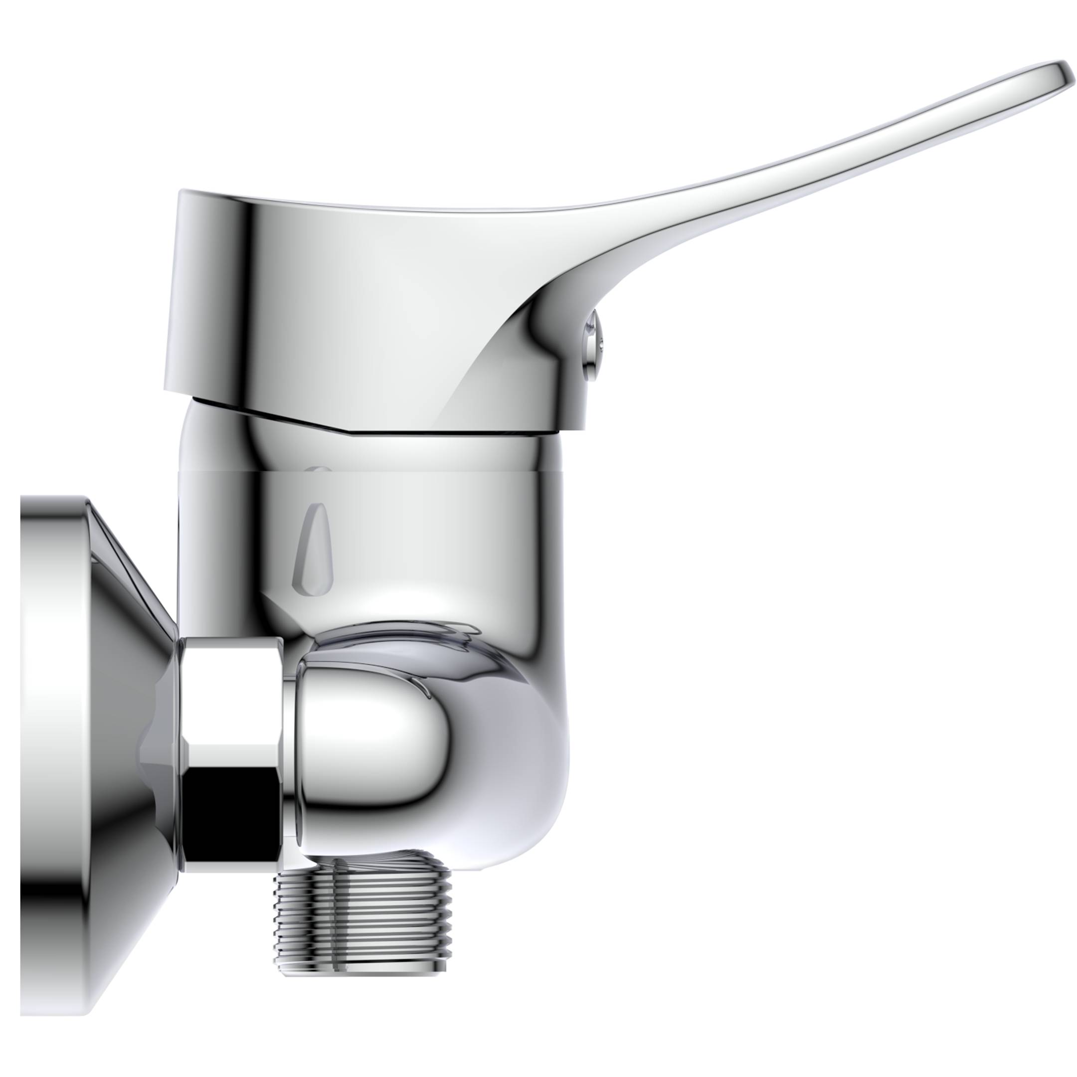 Silberner Metallhahn mit Hebelbedienung, von der Seite auf schwarzem Hintergrund gezeigt, der seine glänzende Oberfläche und sein modernes Design hervorhebt.