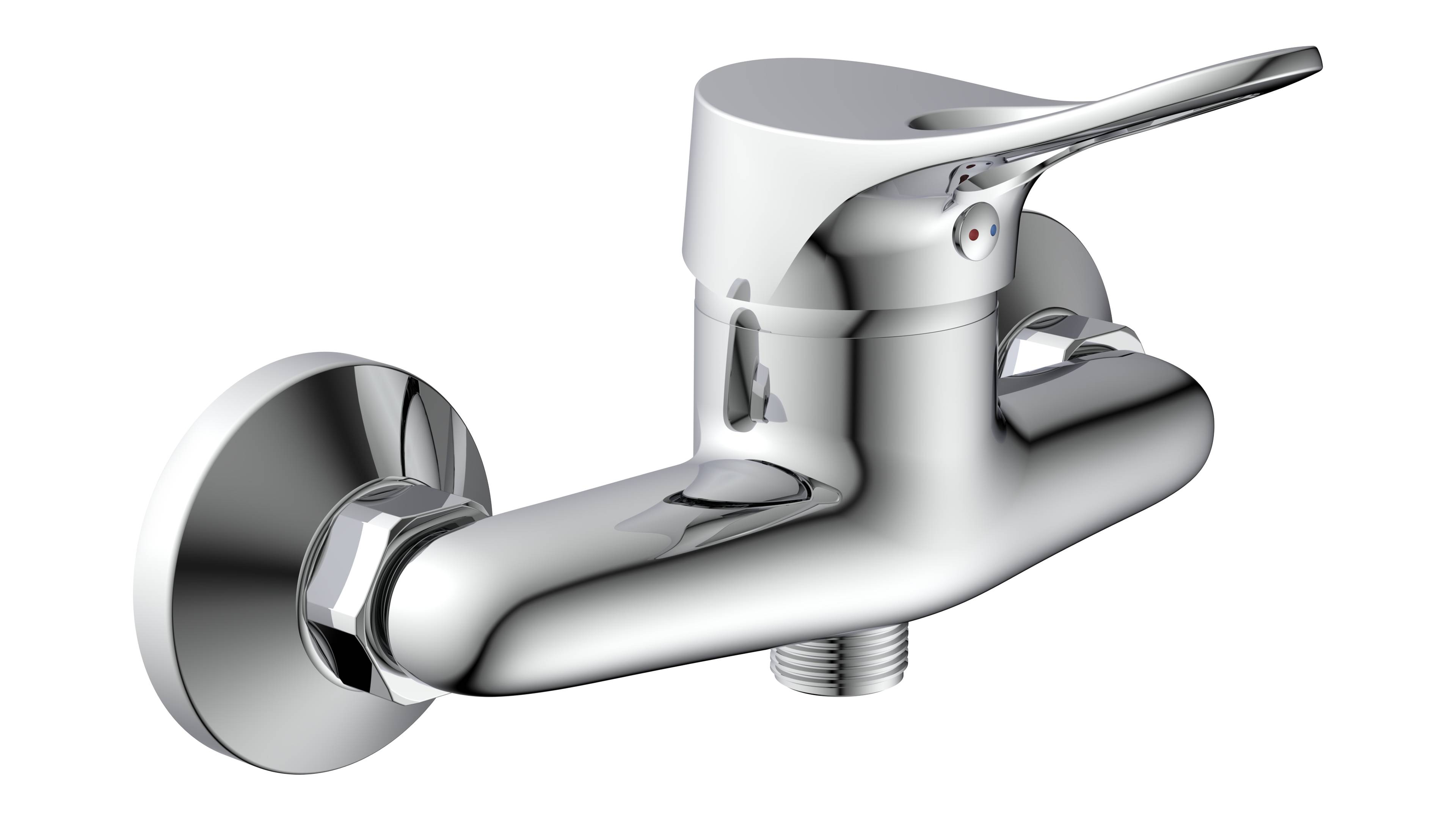 Ein silberner Badezimmer-Wasserhahn mit Hebel-Griff wird vor einem schlichten Hintergrund gezeigt. Die reflektierende Chrom-Oberfläche des Wasserhahns ist hervortretend.