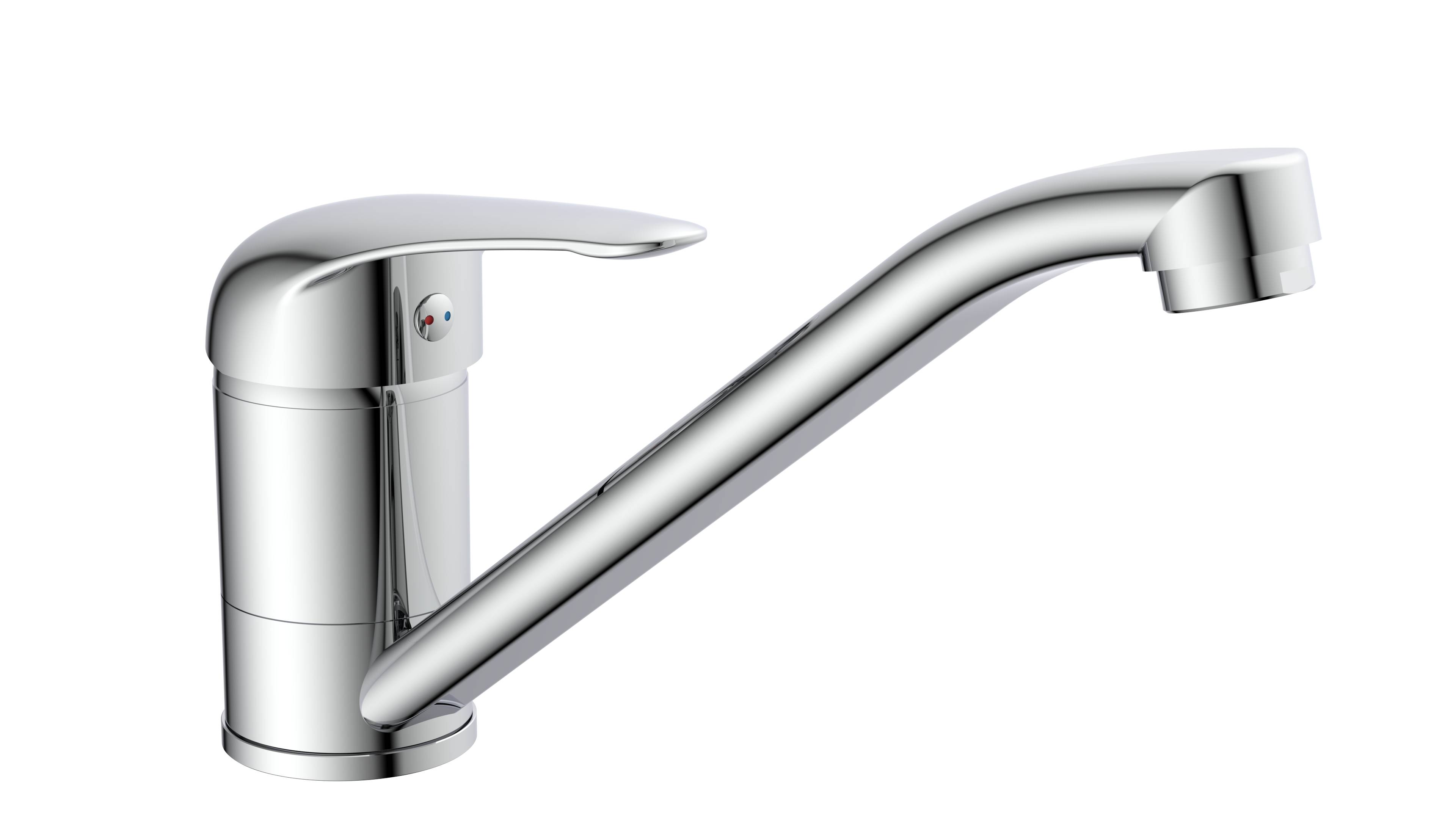 Ein moderner Chromküchenarmatur mit einfachem Hebel gegen einen schwarzen Hintergrund.