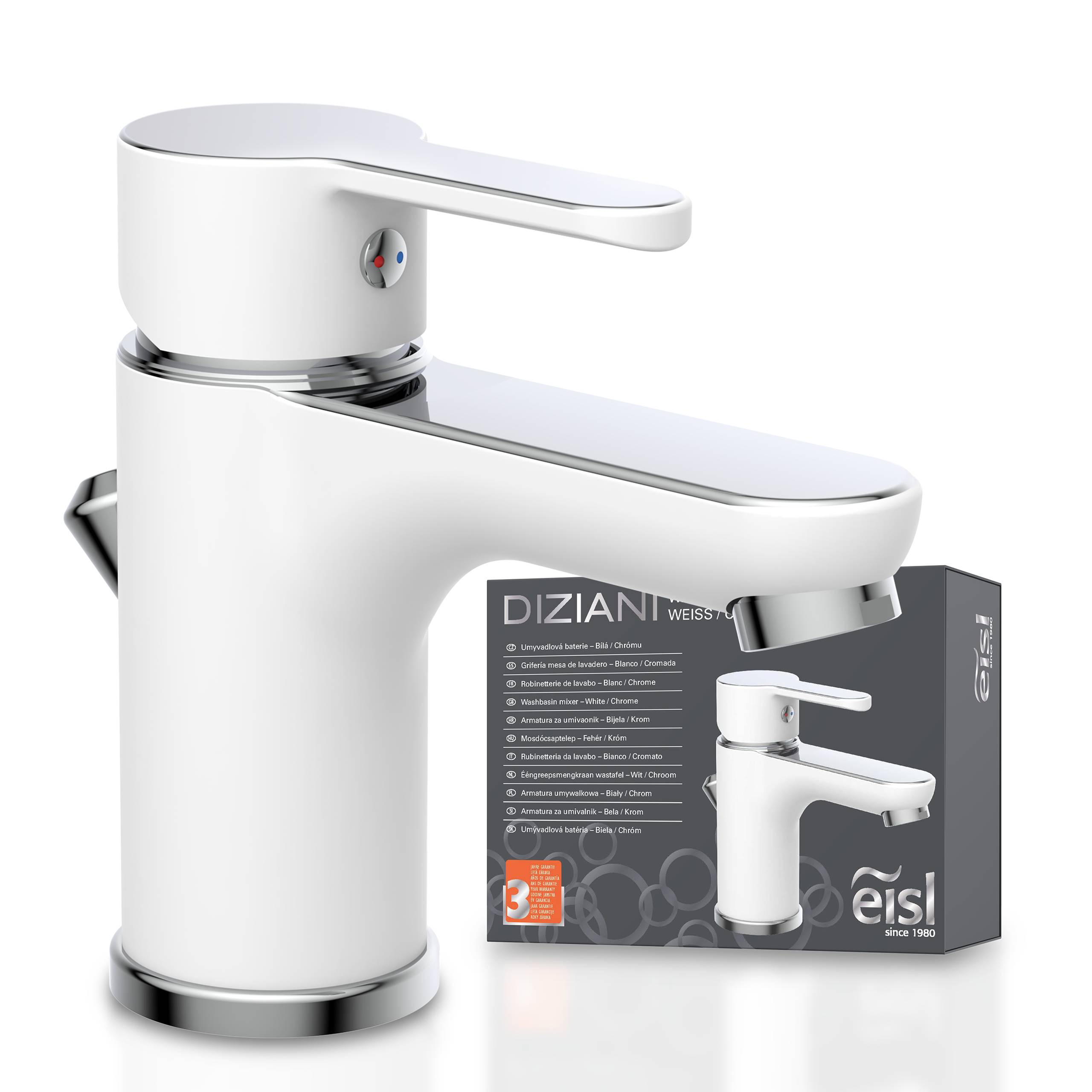 Ein eleganter weißer Wasserhahn mit Verpackung, auf der die Marke 'Diziani' und das Logo 'eisi' zu sehen sind. Enthält Produktdetails in mehreren Sprachen.