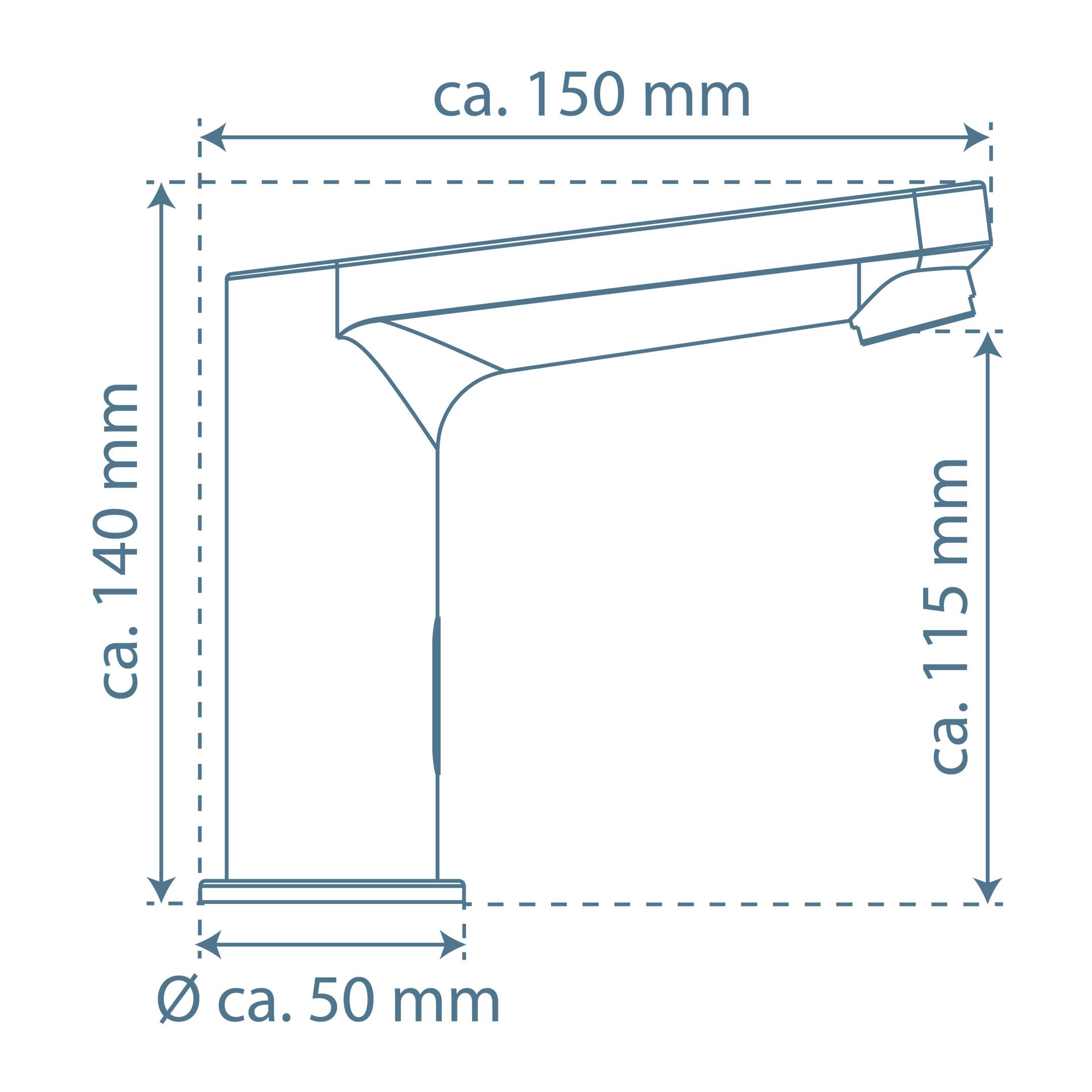 Diagramm einer Lampe von der Seite, mit folgenden Abmessungen: Höhe 140 mm, Breite 150 mm, Armhöhe 115 mm, Basisdurchmesser 50 mm.