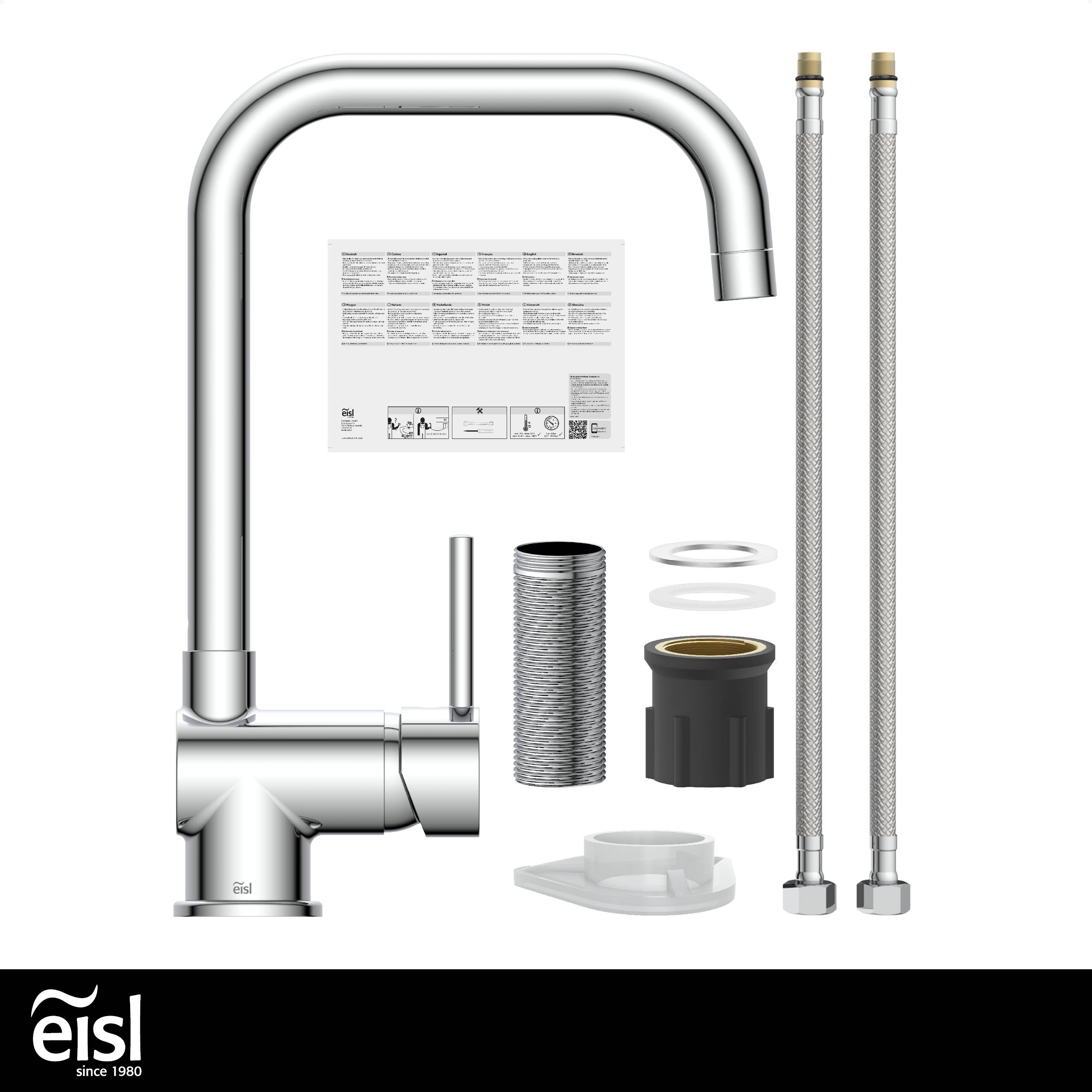 Ein Chrom-Küchenarmatur-Set mit zwei Schläuchen, Installationszubehör und einer Bedienungsanleitung, vor einem weißen Hintergrund präsentiert.