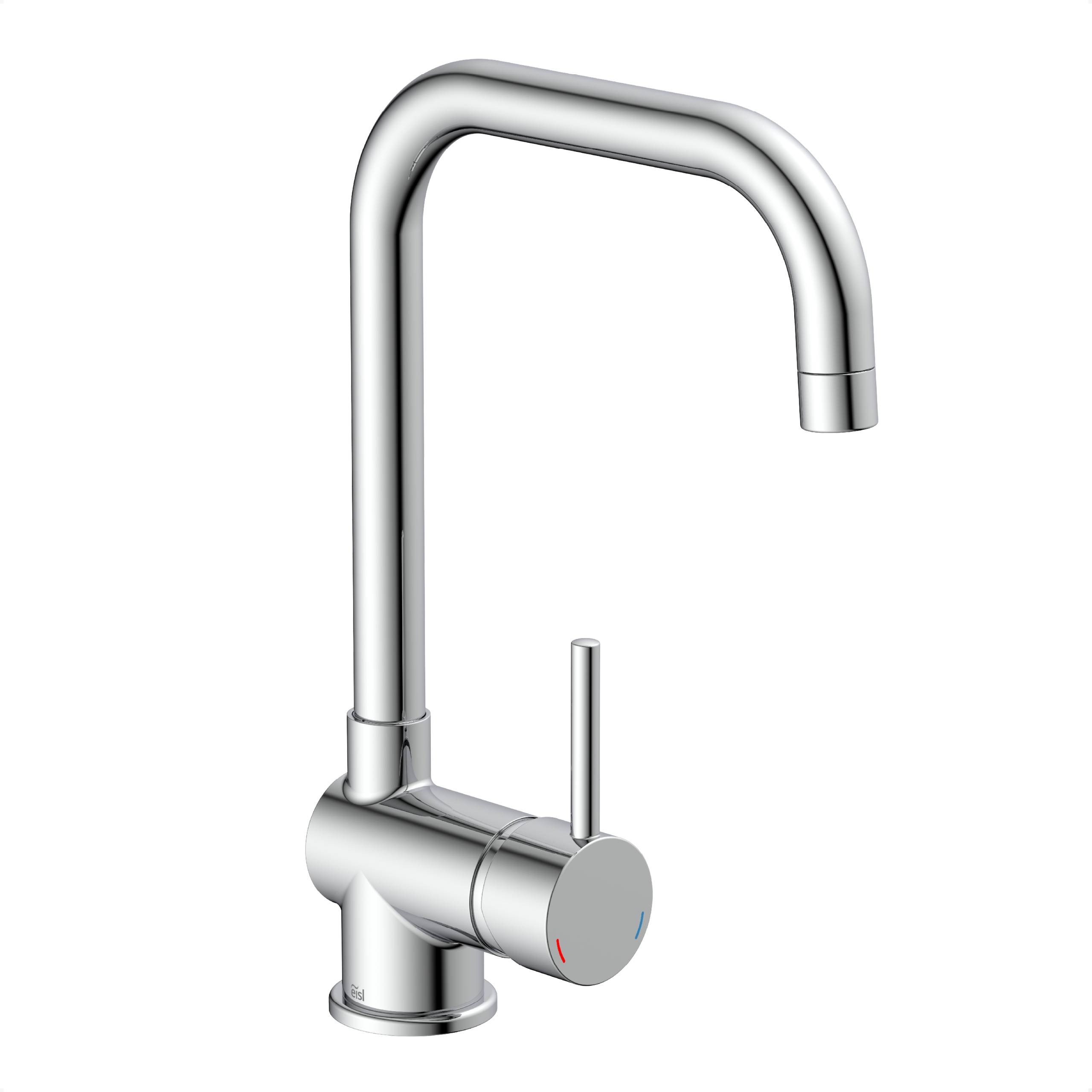 Ein moderner Chrom-Wasserhahn mit einem hohen, geschwungenen Auslauf und einem seitlich angebrachten Einhebelgriff zur Temperatur- und Durchflusskontrolle.