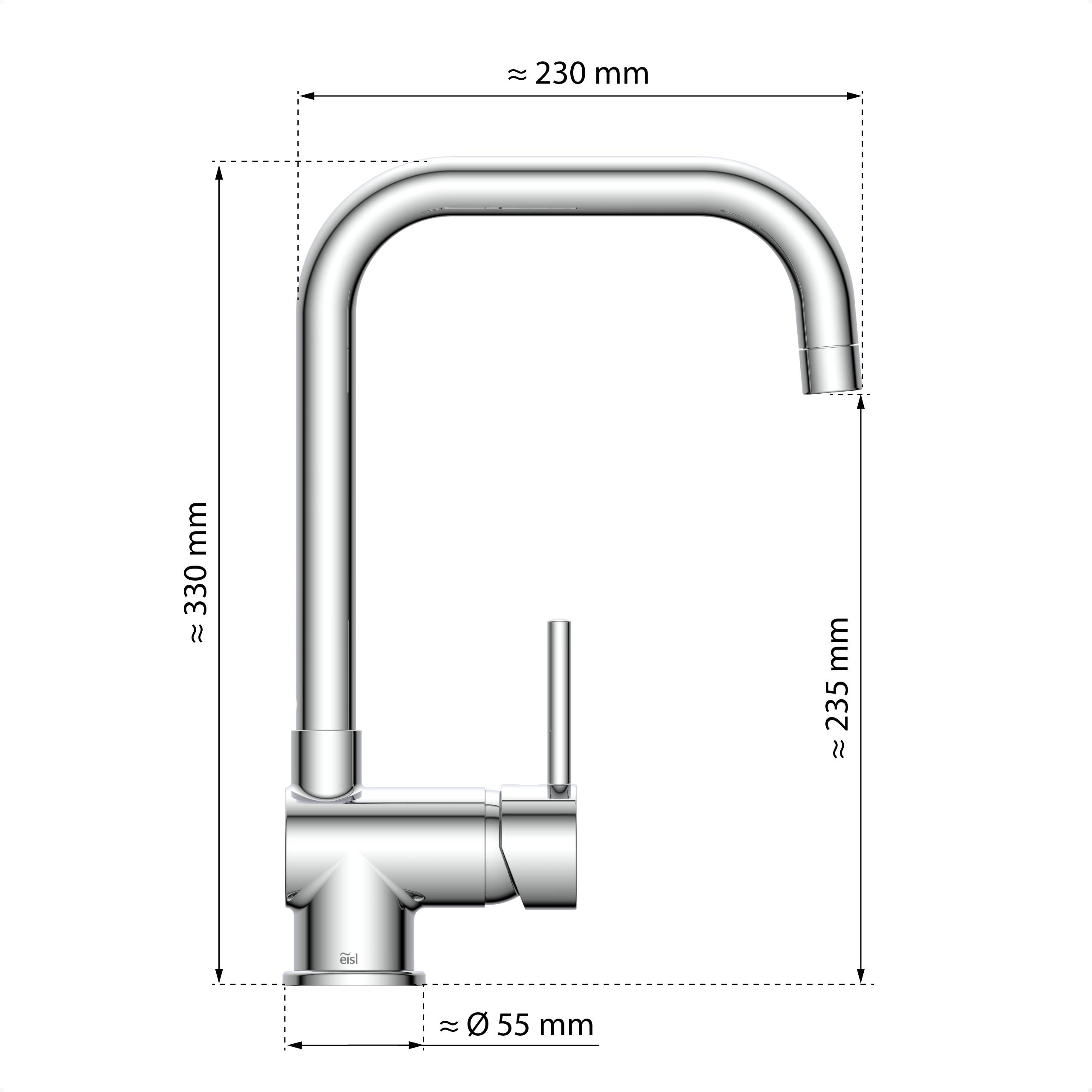 Eine Skizze eines Küchenarmaturstandorts mit Maßangaben: Höhe 330 mm, Auslauf-Reichweite 230 mm, Auslaufhöhe 235 mm und Basisdurchmesser 55 mm.