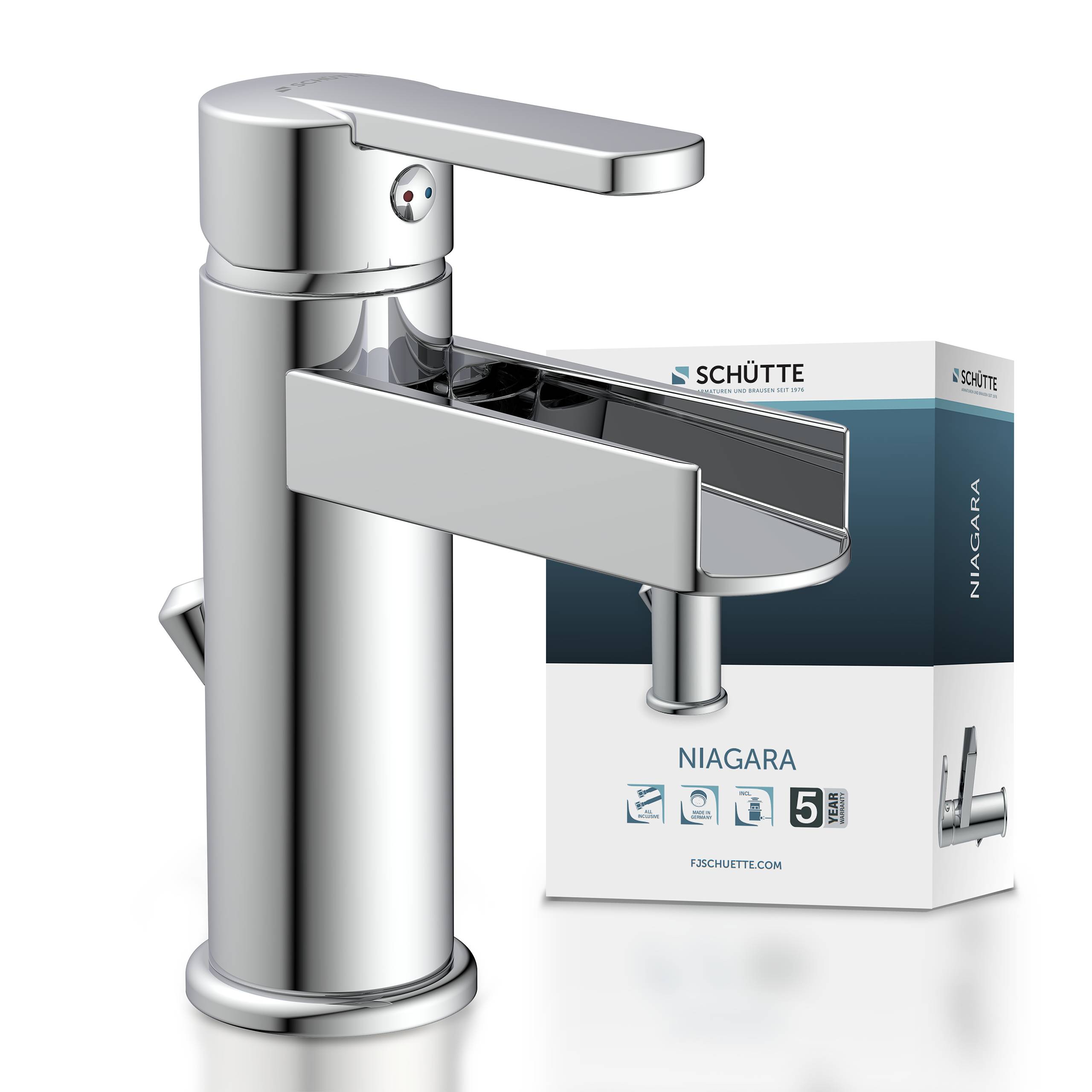 Ein moderner verchromter Badezimmerwasserhahn mit einem einzigen Hebelhahn, neben seiner Verpackung mit der Aufschrift „Schütte Niagara