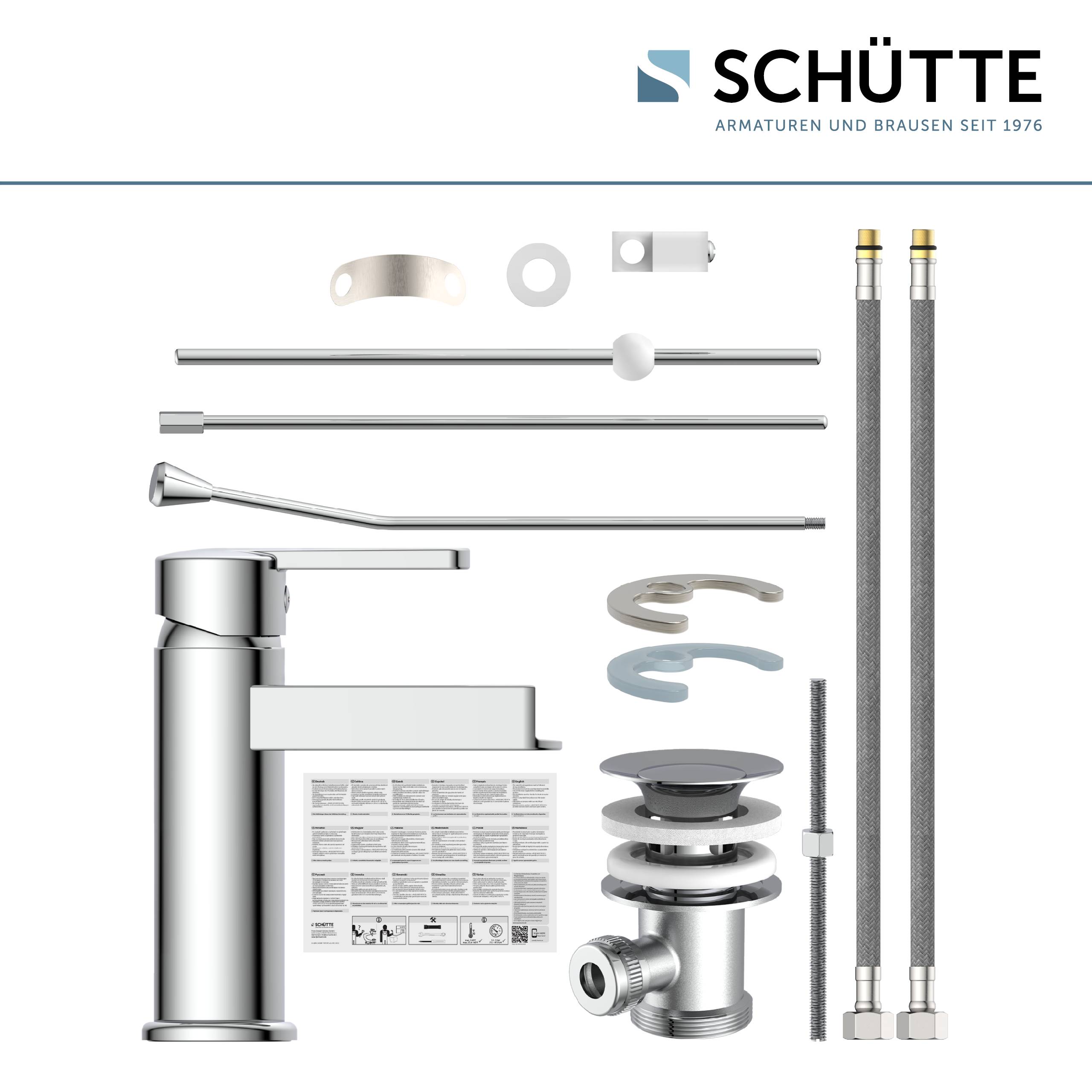 Eine Sammlung von Komponenten zum Zusammenbau eines Badezimmerwasserhahns, einschließlich des Wasserhahns, Schläuche, Montagehardware und Bedienungsanleitung.