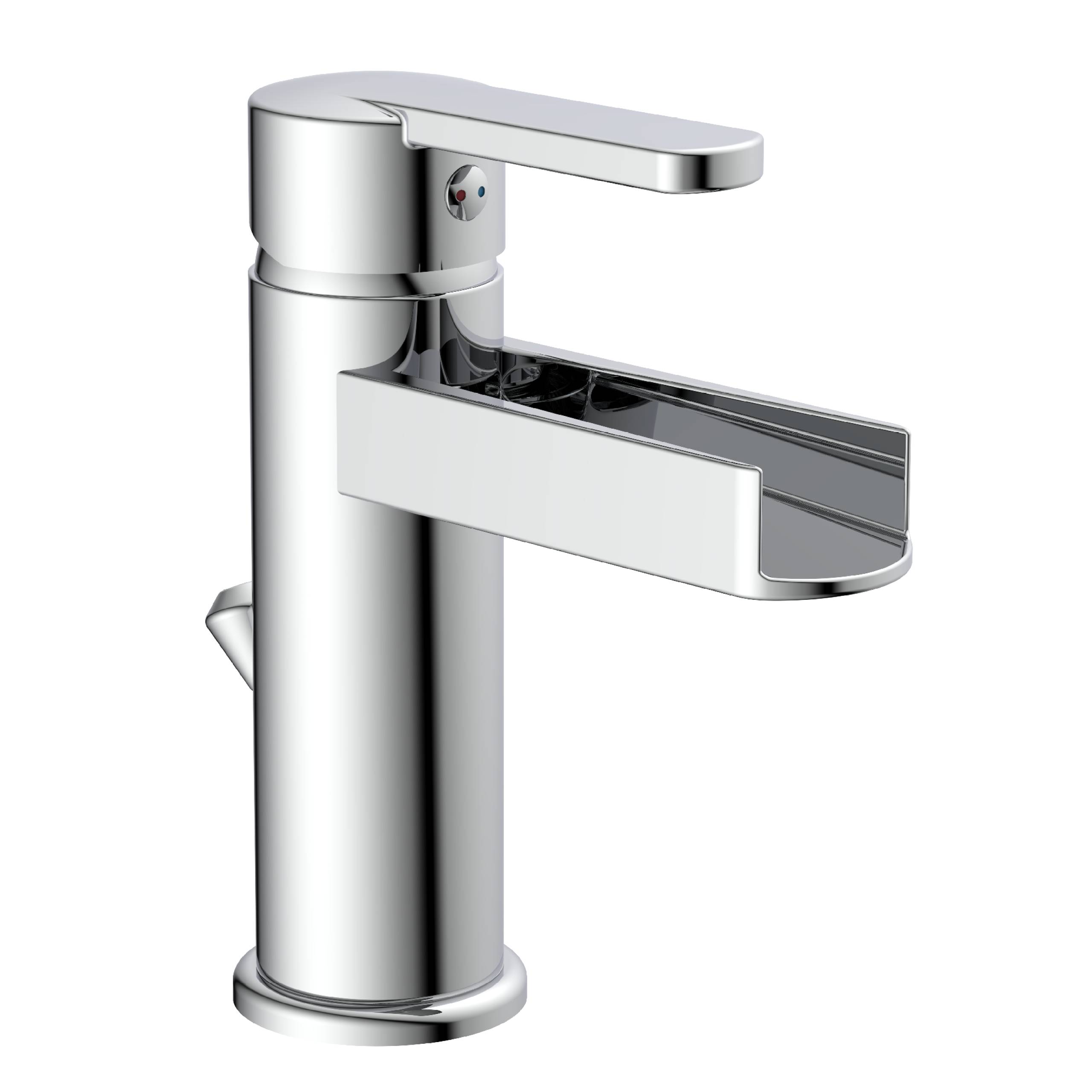 Ein moderner Badezimmerhahn aus Chrom mit Hebel und offenem Auslauf, entworfen für zeitgenössische Waschbecken.