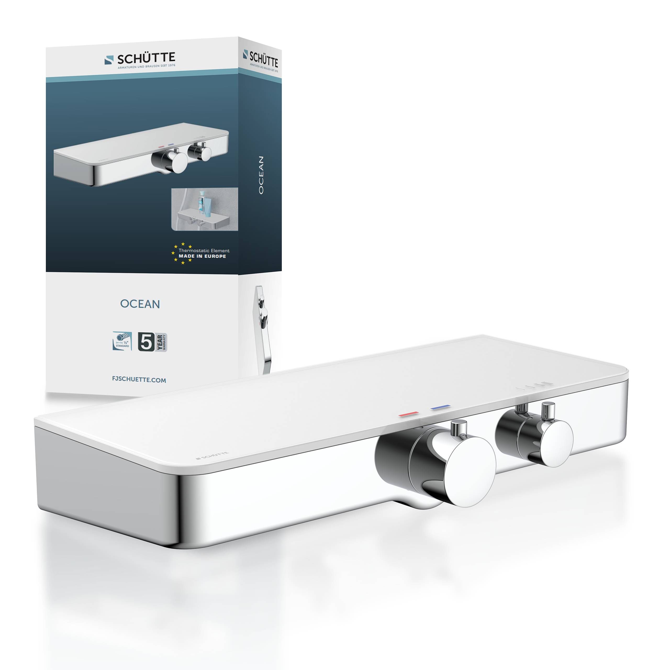 OCEAN Thermostat Duscharmatur, Chrom/Weiß, mit Glasablage