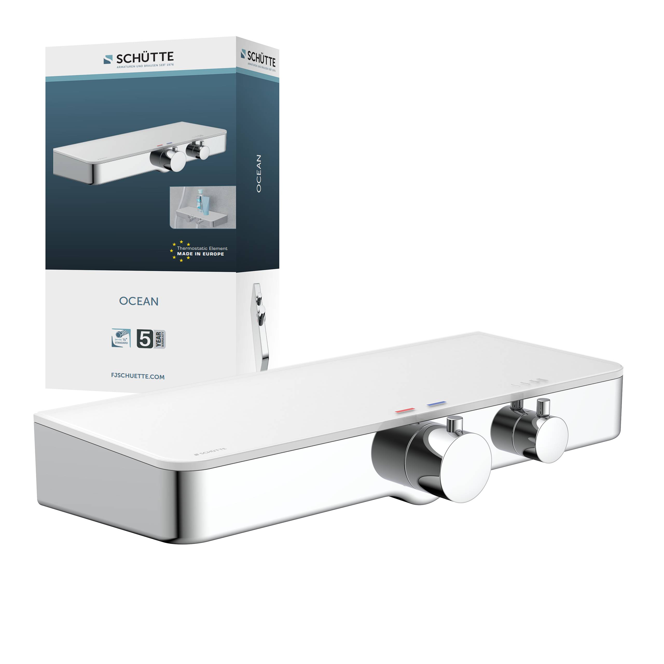 OCEAN Thermostat Duscharmatur, Chrom/Weiß, mit Glasablage