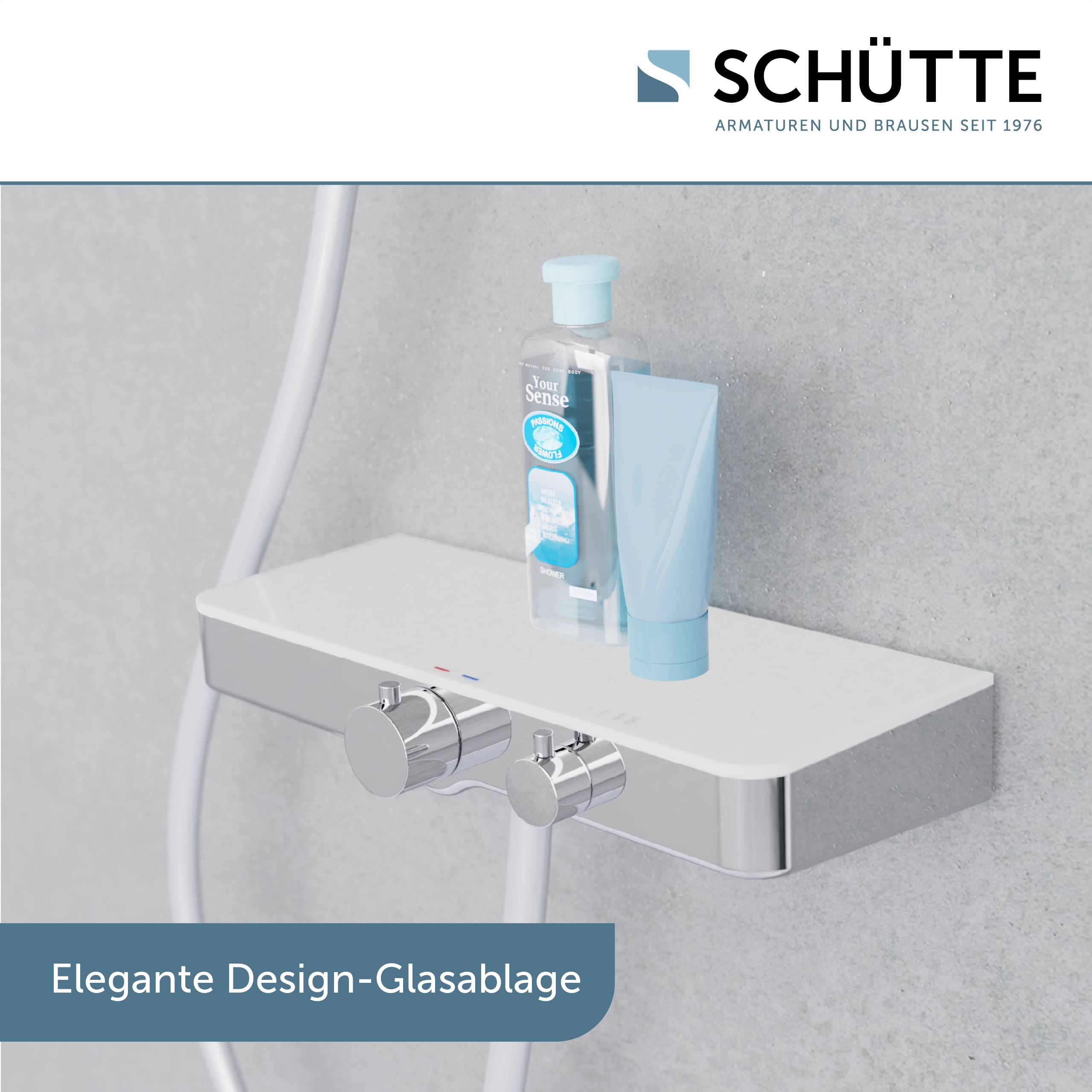 OCEAN Thermostat Duscharmatur, Chrom/Weiß, mit Glasablage