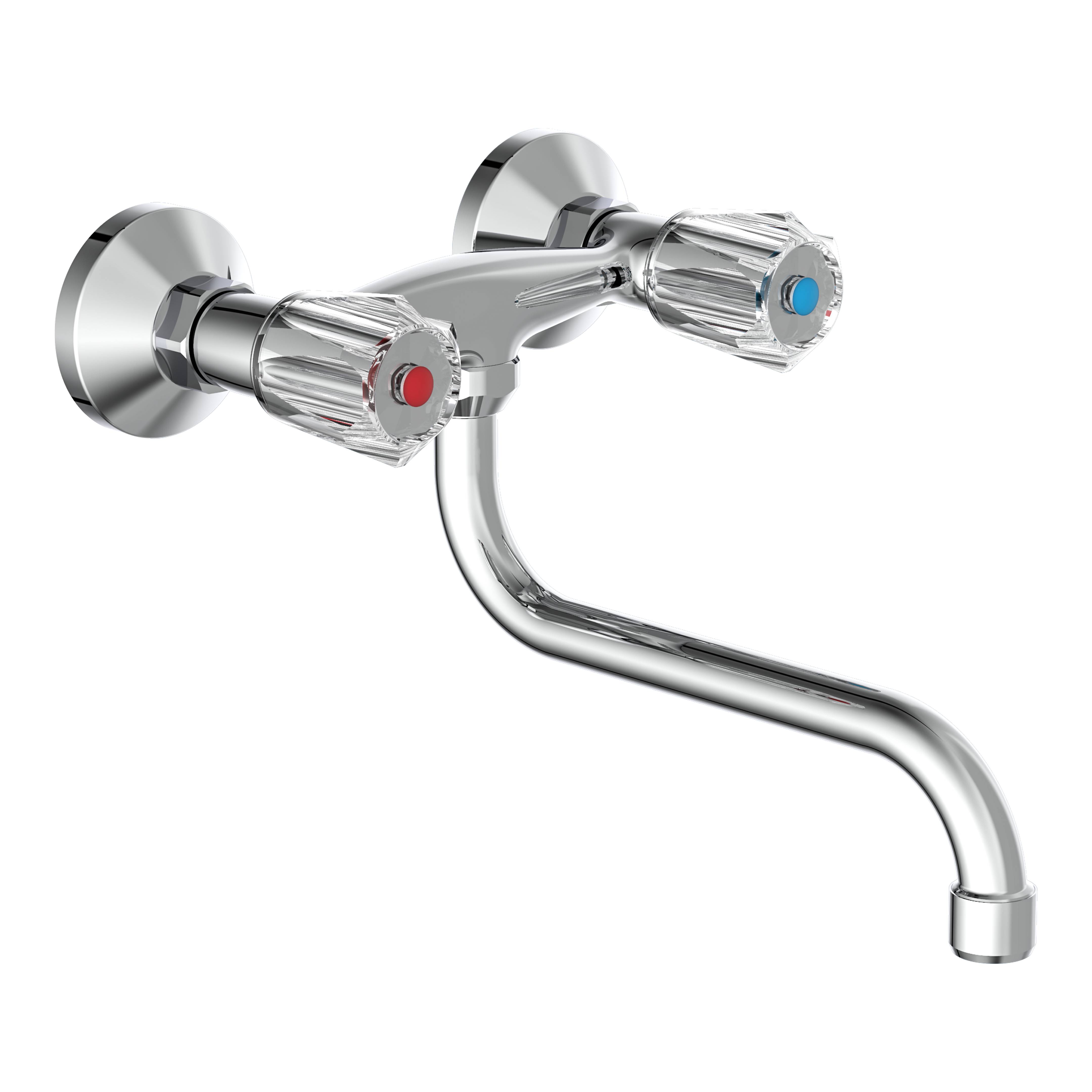 Chrom-Wandarmatur mit zwei transparenten Knöpfen, roten Warmwasser- und blauen Kaltwasserindikatoren und geschwungenem Auslauf auf schwarzem Hintergrund