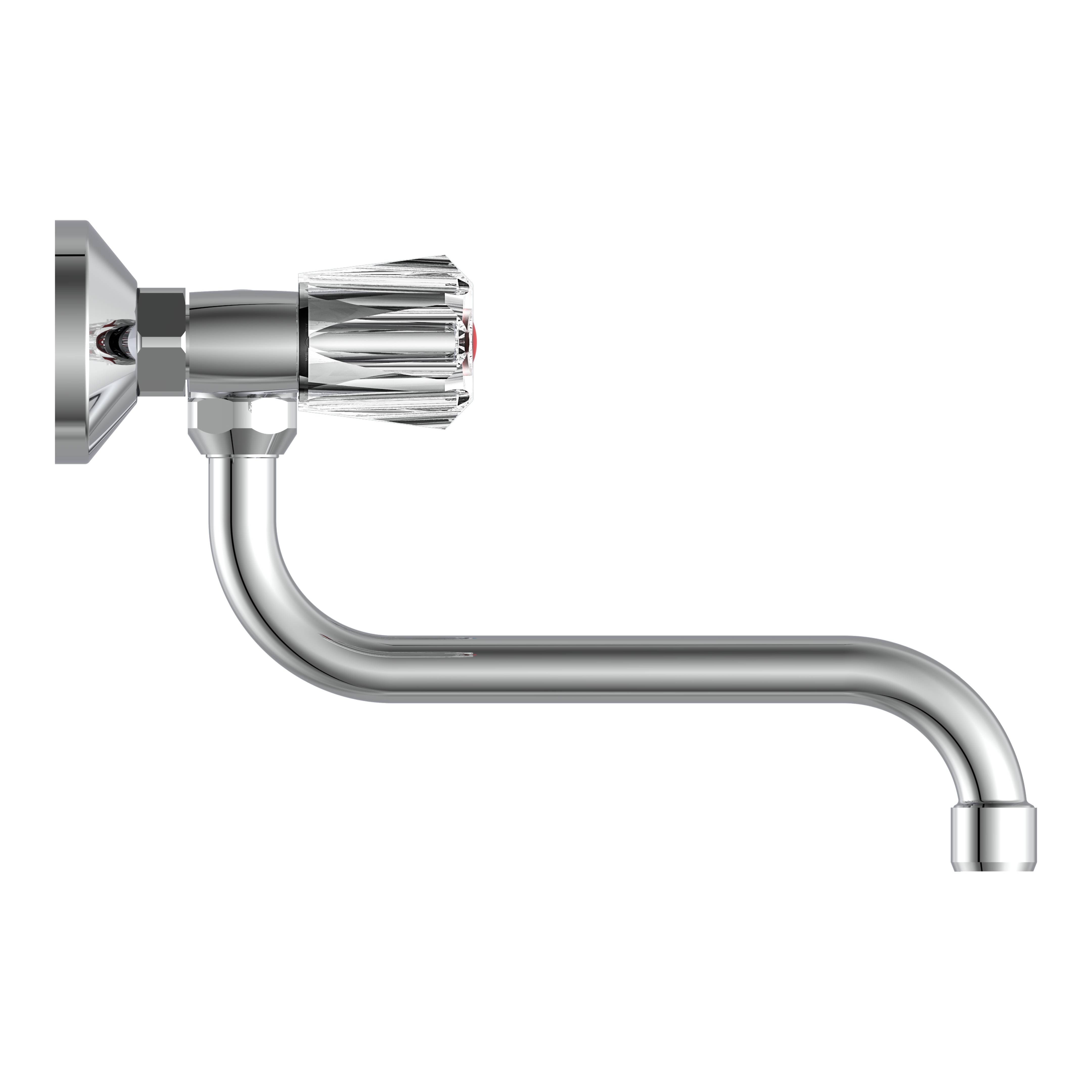 Chrome-Wandwasserhahn mit langem gebogenem Auslauf, der sich nach rechts erstreckt, auf schwarzem Hintergrund.