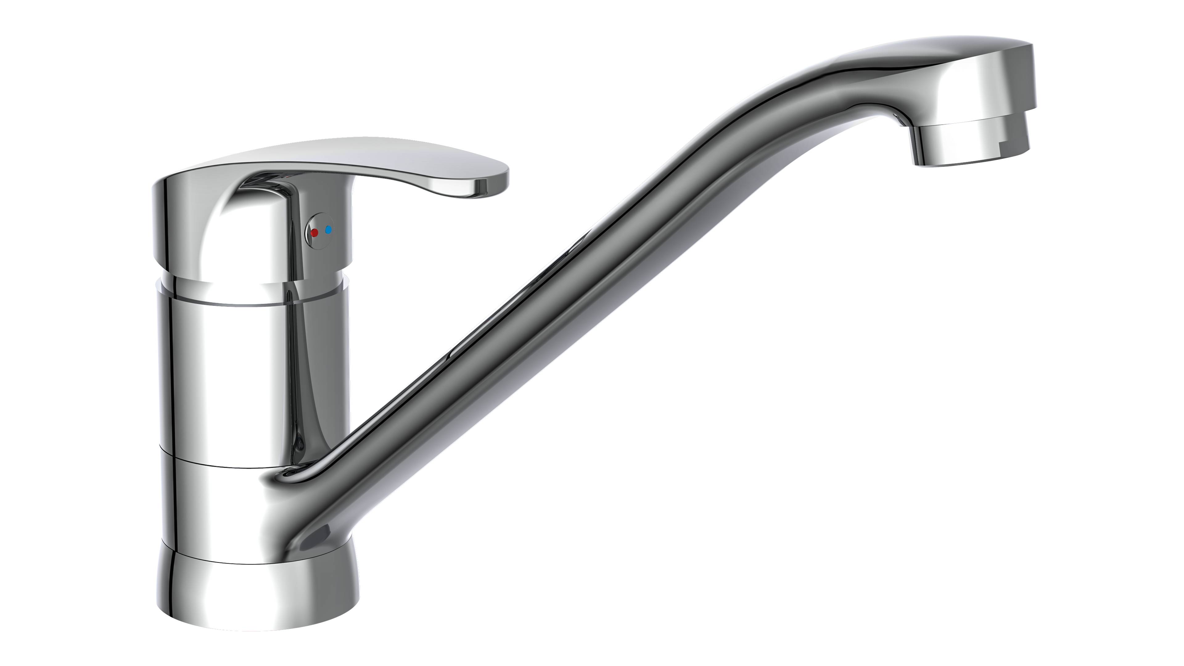 Ein eleganter, verchromter Küchenhahn mit einem einzelnen Hebel vor schwarzem Hintergrund.