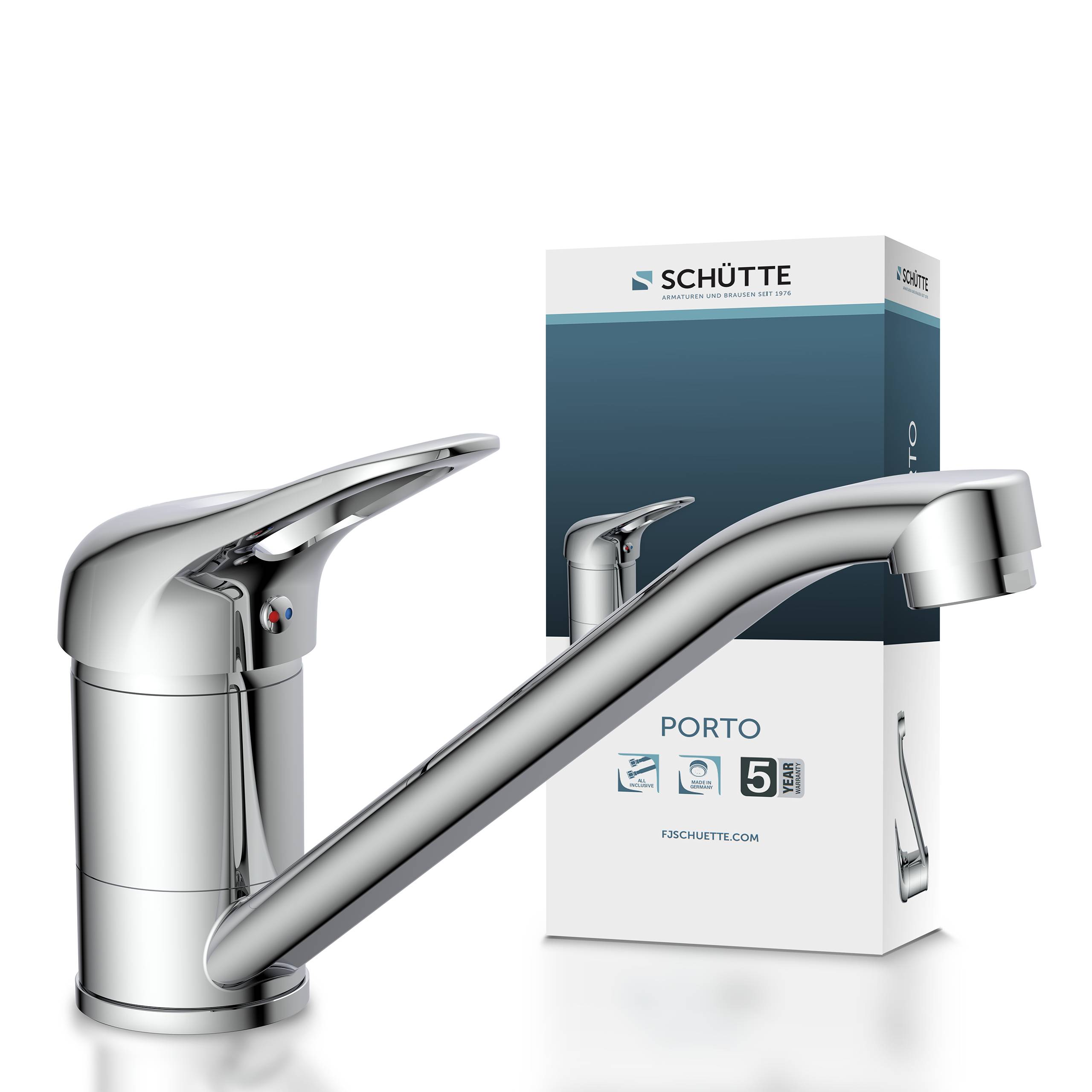 Ein moderner silberner Wasserhahn neben seiner Schachtel mit der Aufschrift „SCHÜTTE PORTO