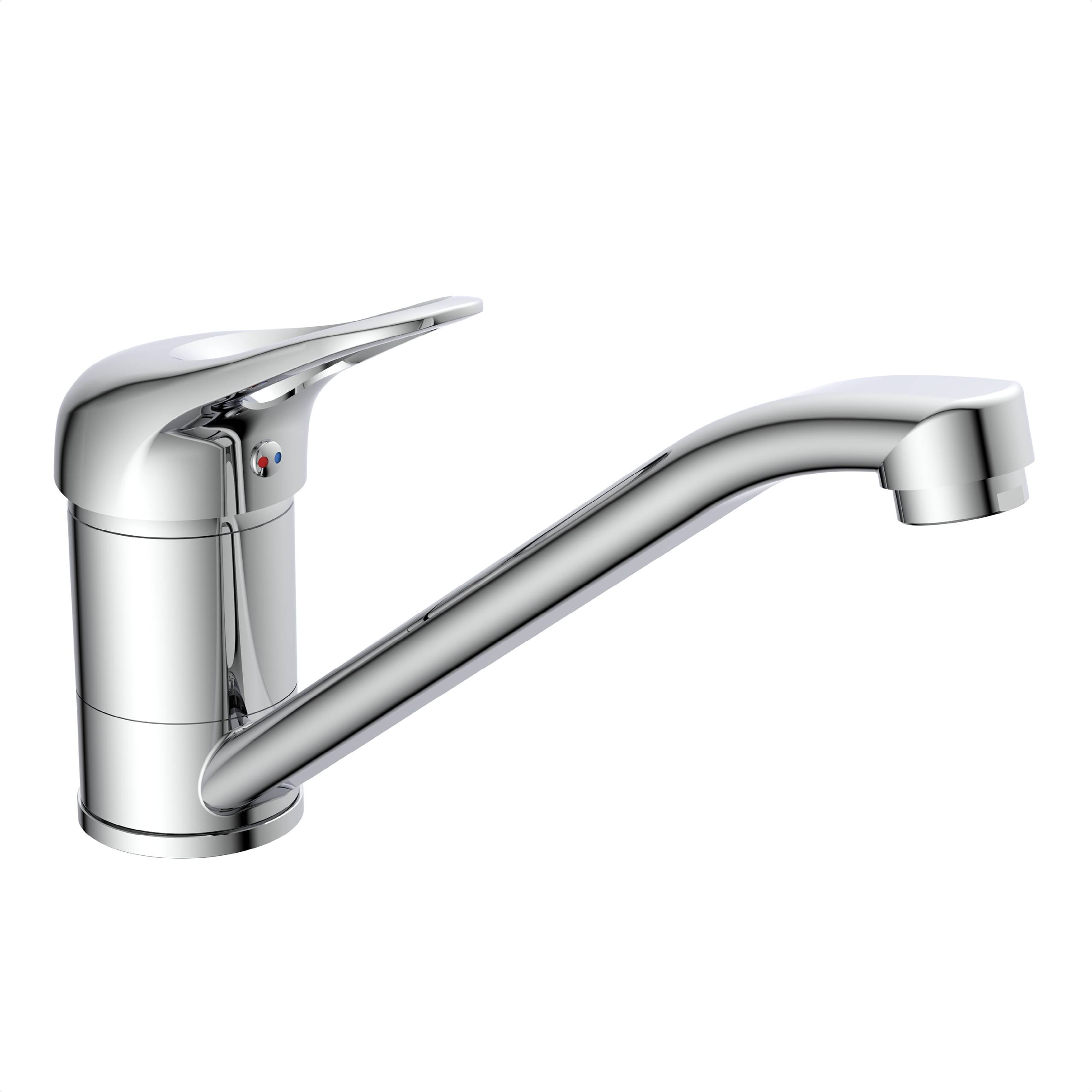 Ein verchromter Küchenhahn mit einem einzigen Griff zur Kontrolle von Warm- und Kaltwasser, mit einem schlanken, modernen Design.