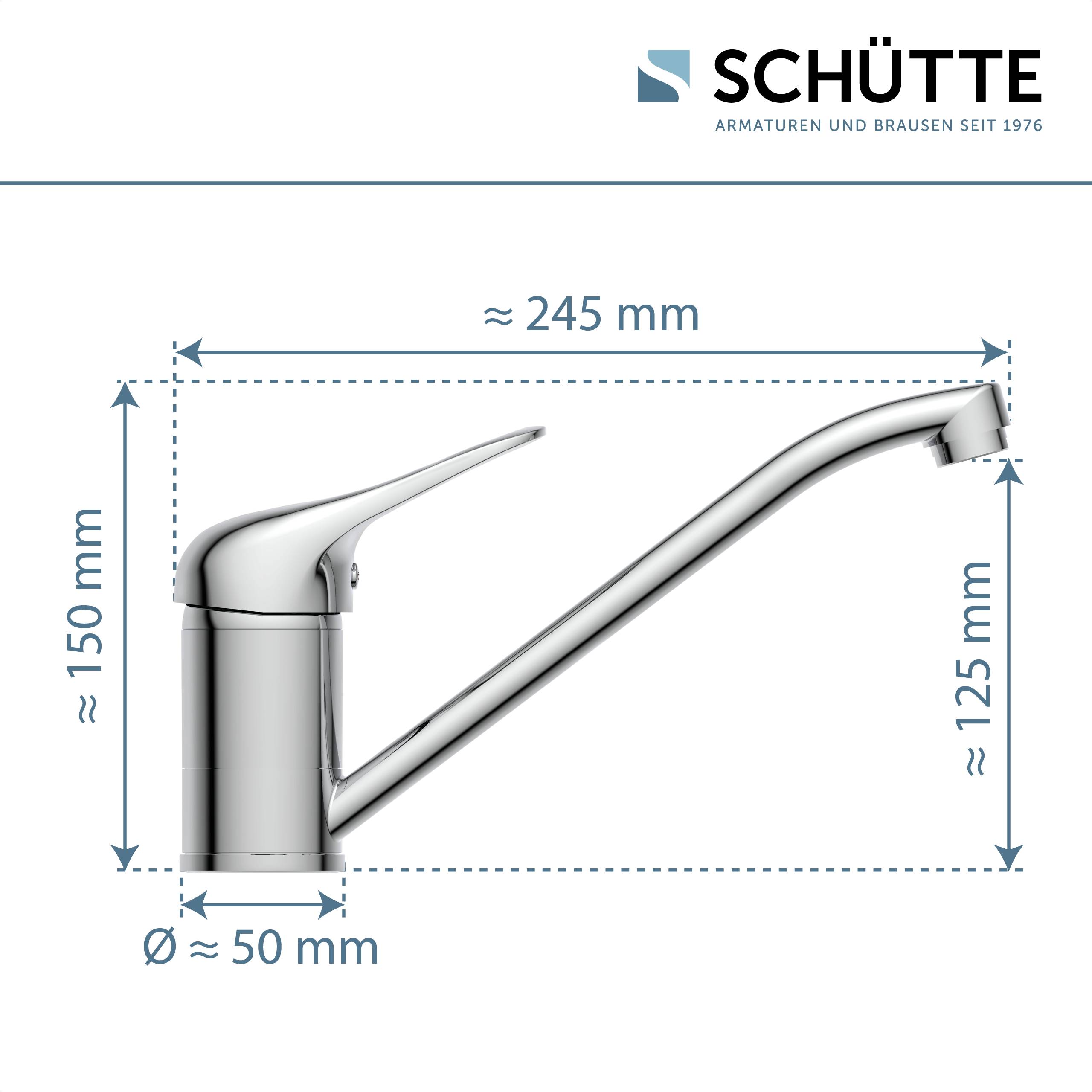 Küchenarmaturdiagramm mit Abmessungen: 245 mm Länge, 150 mm Höhe, 125 mm Auslaufhöhe und 50 mm Basisdurchmesser.