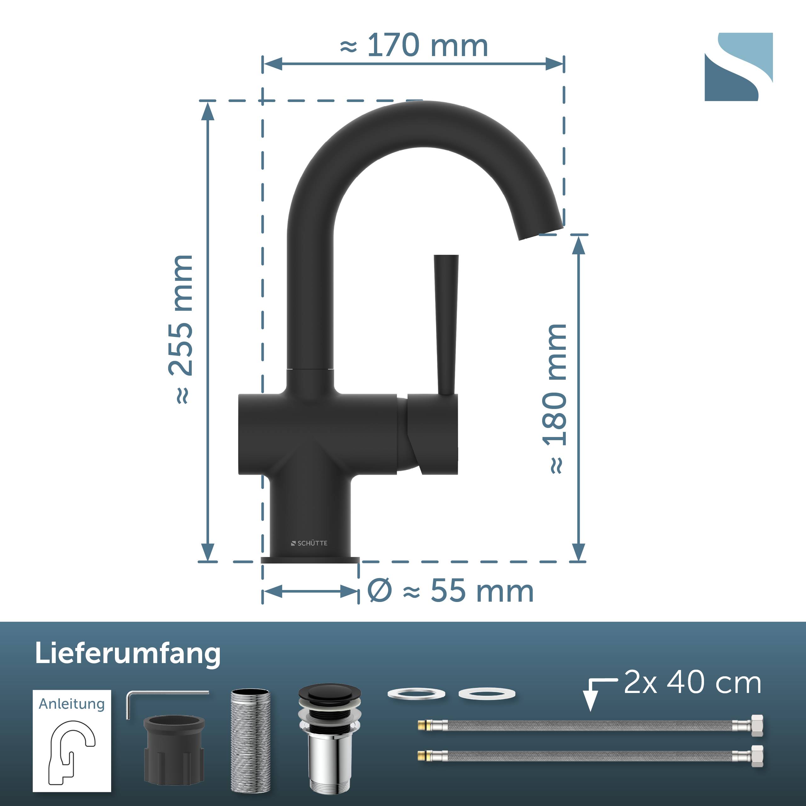 Schwarzer einhebel-Küchenarmatur mit Schwanenhals und beschrifteten Abmessungen: etwa 255 mm hoch, 170 mm breit, 180 mm Auslaufhöhe, 55 mm Sockeldurchmesser; inklusive Installationszubehör und zwei 40 cm lange Schläuche.
