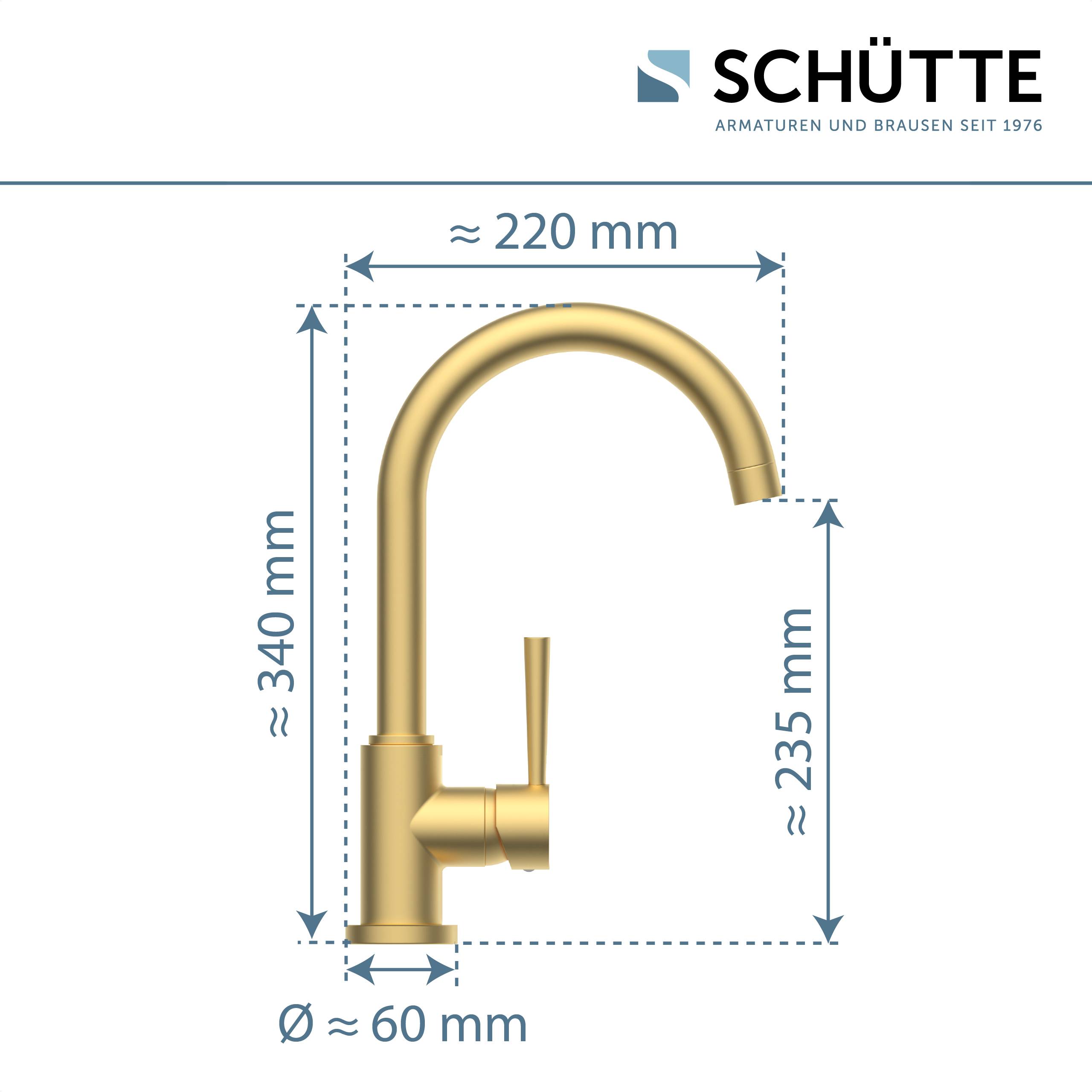 Ein goldener Wasserhahn mit Abmessungen: Höhe 340 mm, Auslauflänge 220 mm, Basisdurchmesser 60 mm, Halshöhe 235 mm. Marke: Schütte.