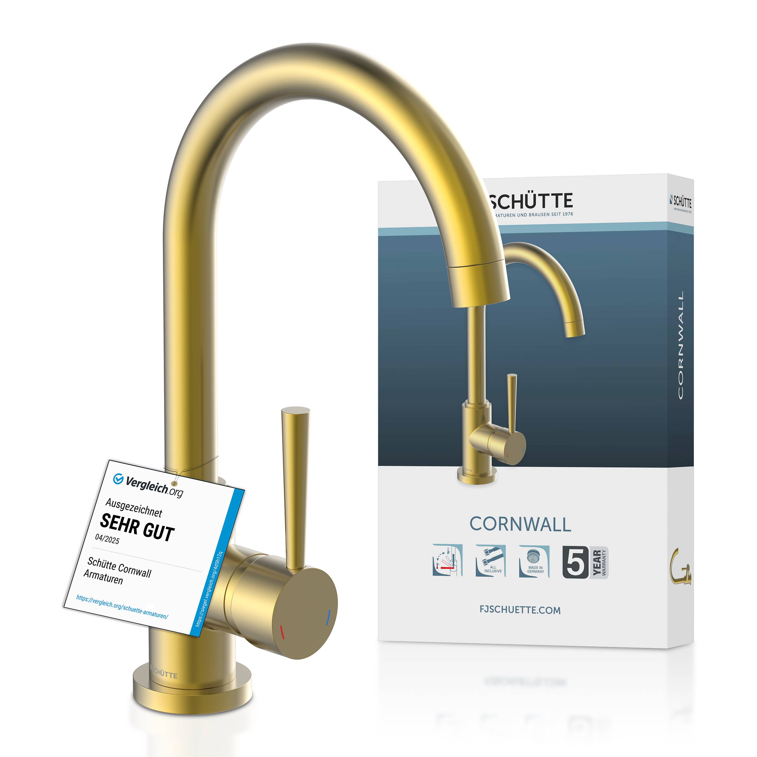 Ein goldener Küchenarmatur mit Seitenhebel wird neben einer Produktschachtel mit der Aufschrift 