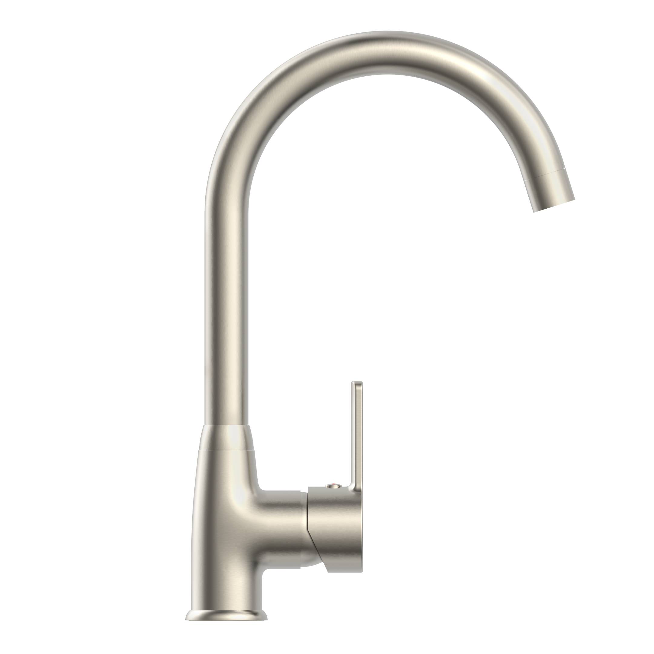 Ein schlanker, moderner geschwungener Küchenarmatur mit einem einzigen Hebel vor einem schwarzen Hintergrund, der ein minimalistisches Design präsentiert.