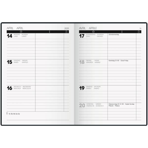 Taschenkalender 10x14cm 1 Woche/2 Seiten Kunststoff-Einband schwarz 2025