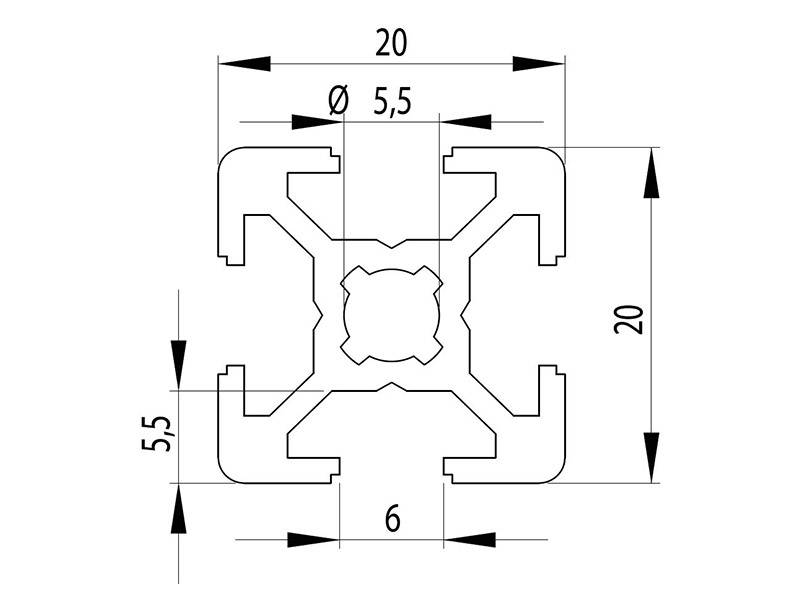 Aluminiumprofil 20x20L B-Typ Nut 6 (leicht), silber eloxiert. Aluminium Profil 20x20 Alu Profil 20 x 20 Montage- Systemprofil 250mm