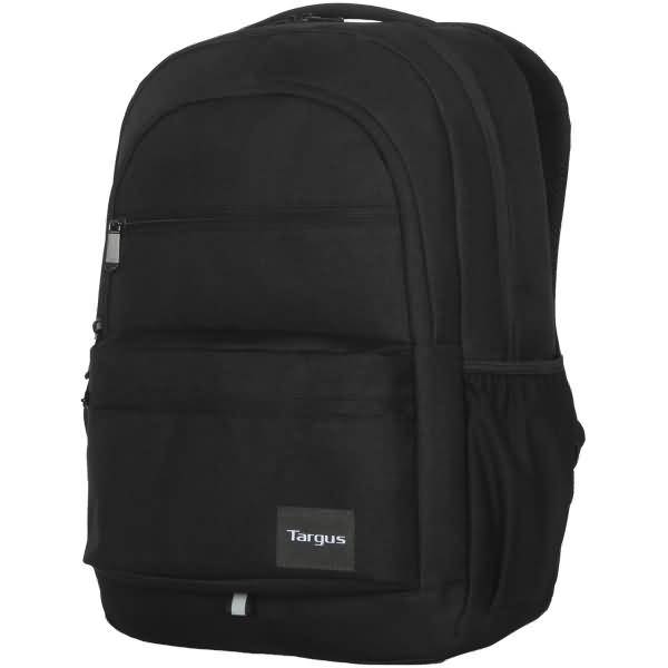 Schwarzer Targus-Rucksack mit vorderer Reißverschlusstasche, seitlicher Netztasche und gepolstertem gewölbtem Oberteil, gezeigt auf weißem Hintergrund.